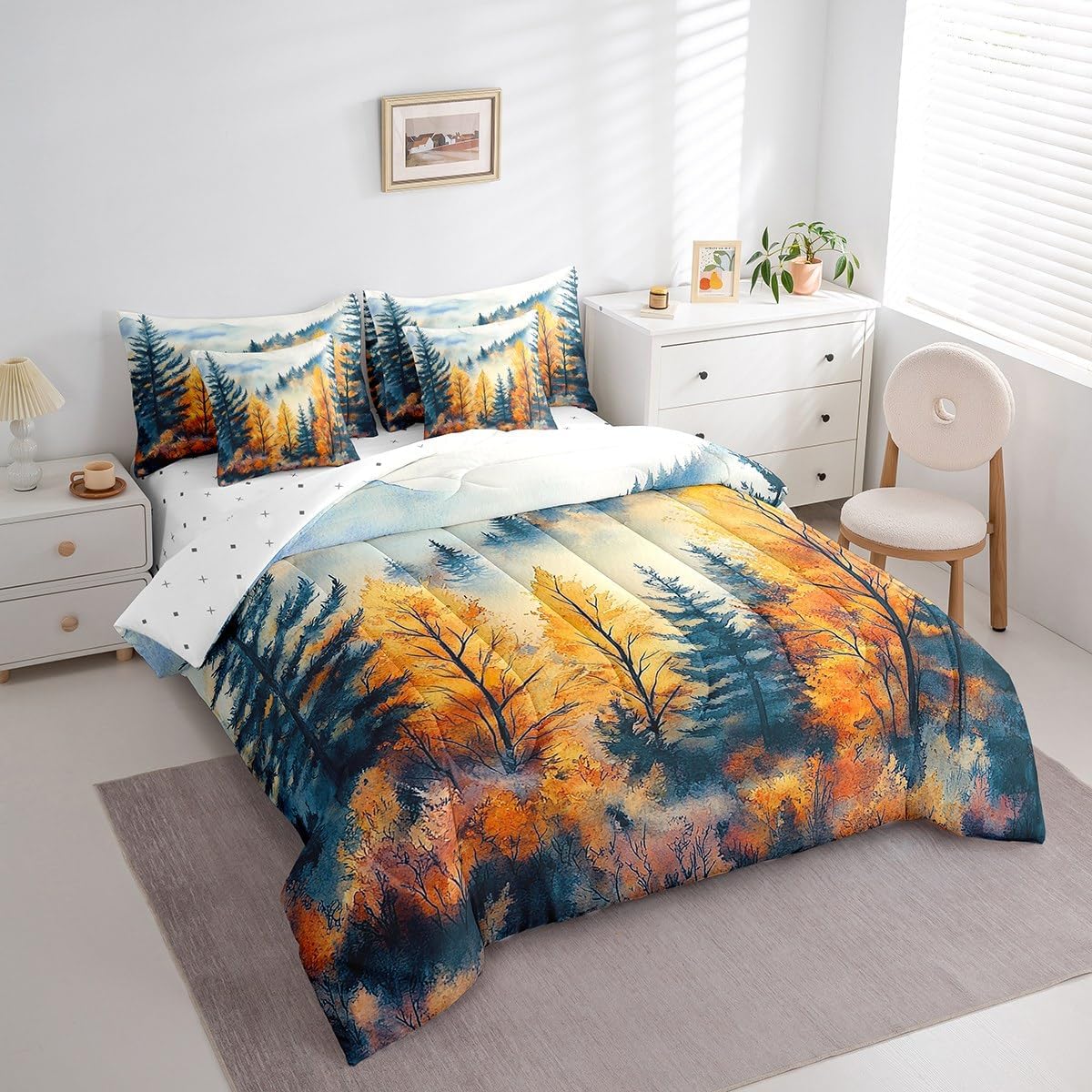 Erosebridal Pine Tree Forest Bed in A Bag Twin 7 Piece Mountain Mist Landscape Bedding Set Blue Gold Rustic Aesthetic Comforter Set with Sheets Watercolor Oil Painting Style Bed Set