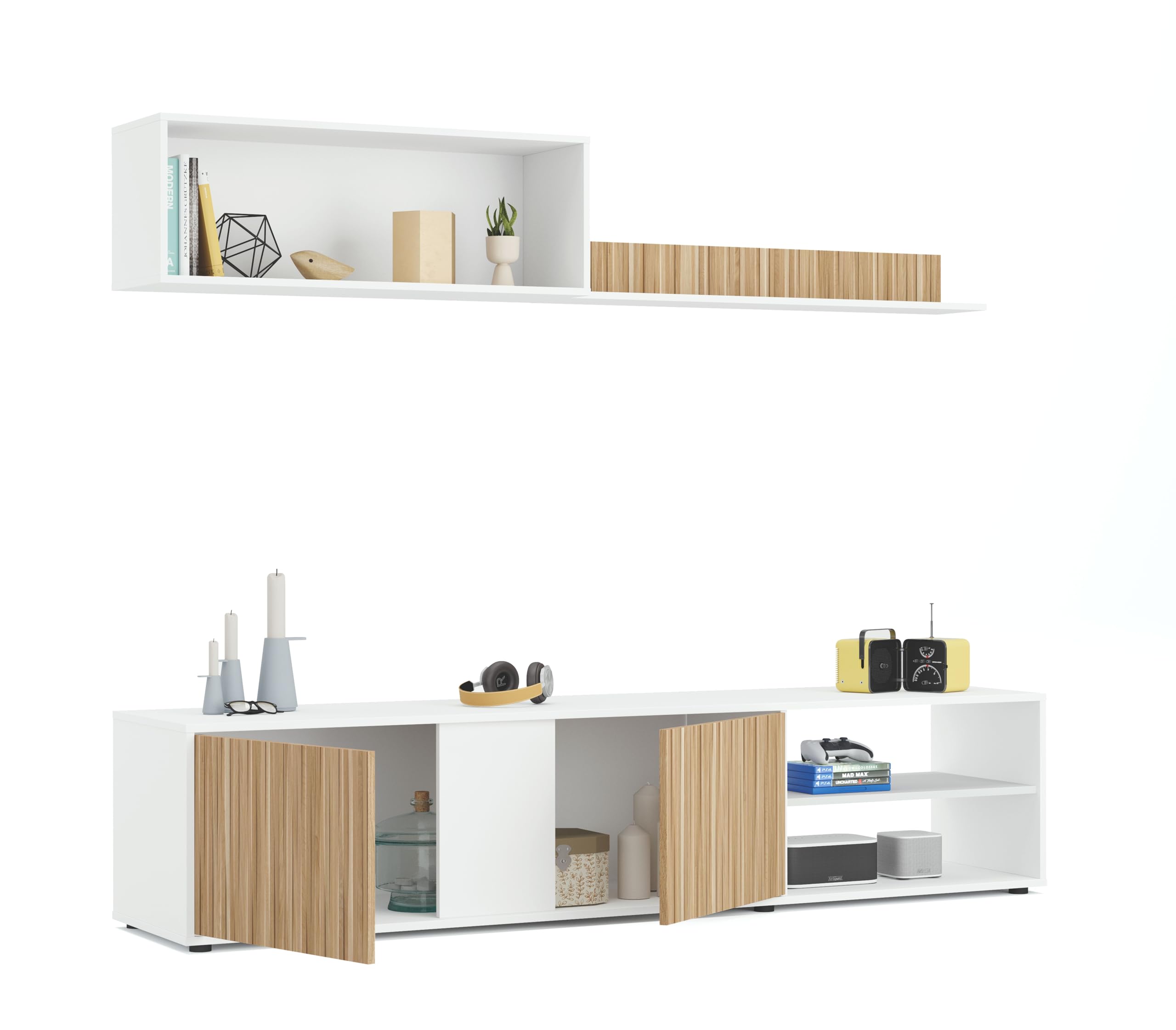 Mobelcenter, Mueble de Salón Ecco, Módulo TV, Módulo Superior y Estante, Color Blanco Artik y Natur, Medidas: Ancho: 180 cm x Fondo: 33 cm x Alto: 40 cm (1442)