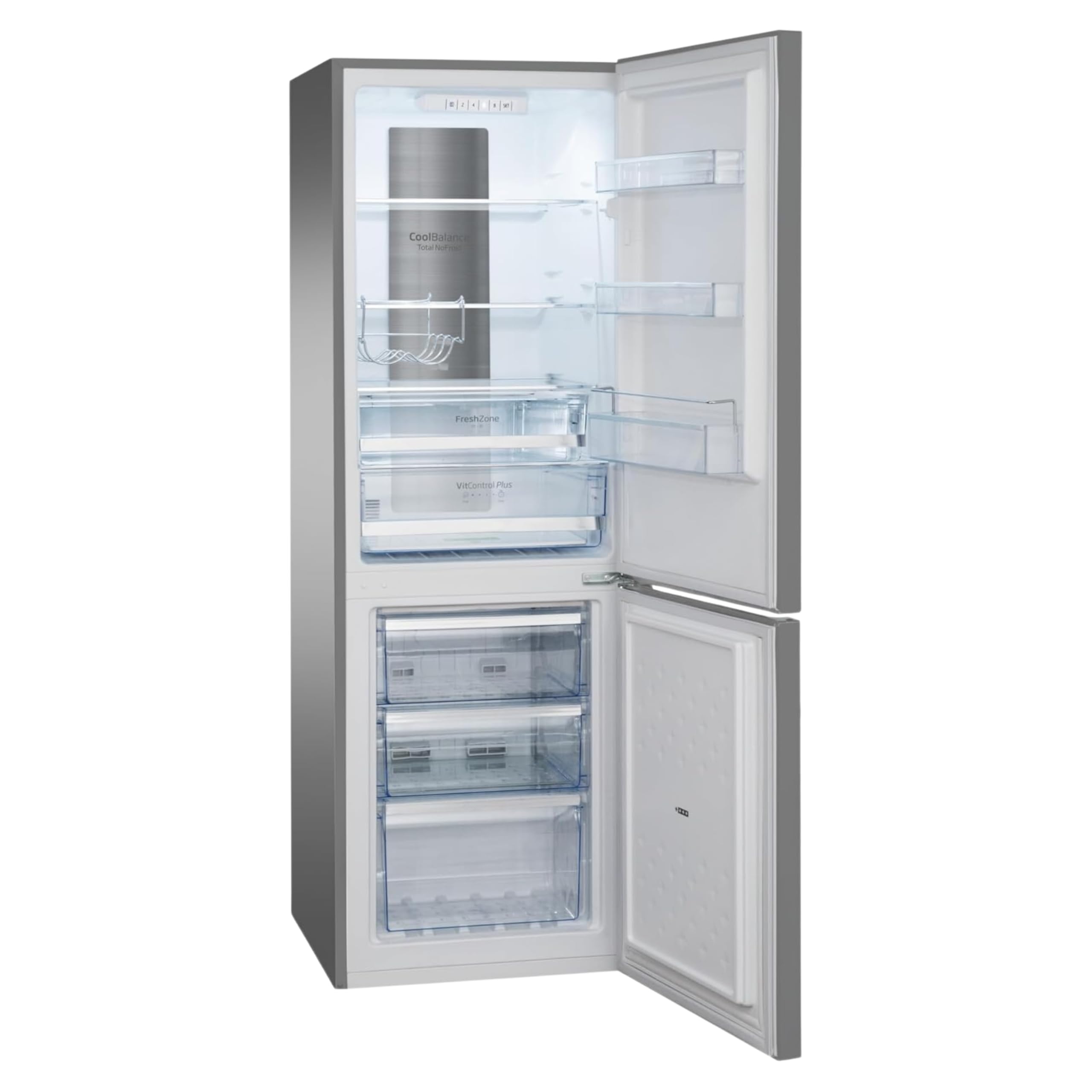 Amica KGCN 387 140 E lodówko-zamrażarka, wysokość 170 cm, szerokość 54 cm, pojemność 231 l, NoFrost, FreshZone, super chłodzenie, super zamrażanie, wygląd stali nierdzewnej
