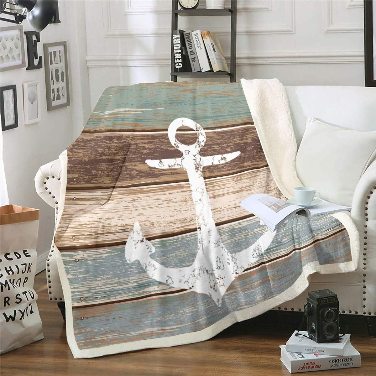 Loussiesd Anker Decke 150x200cm Nautisches Thema Wohndecke Vintage Timeworn Verwitterte Holzbretter Rustikales Kuscheldecke Gewicht Flanell Fleecedecke Weich, Braun