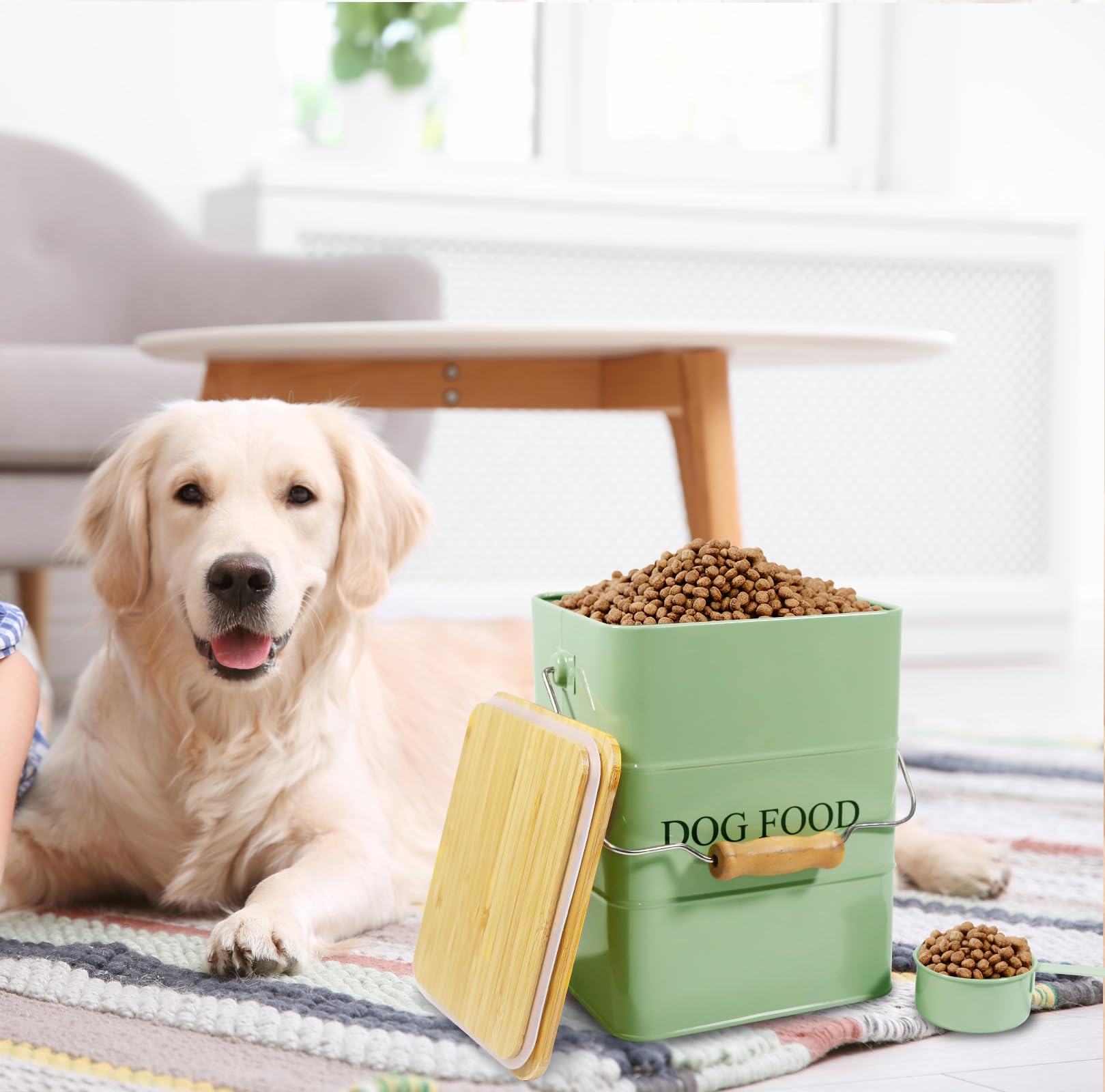 Boîte de rangement en métal pour chien - 6 l - Avec couvercle en bois, poignée et pelle - Boîte de conservation hermétique pour nourriture sèche et collations - Boîte à friandises - Vert armée