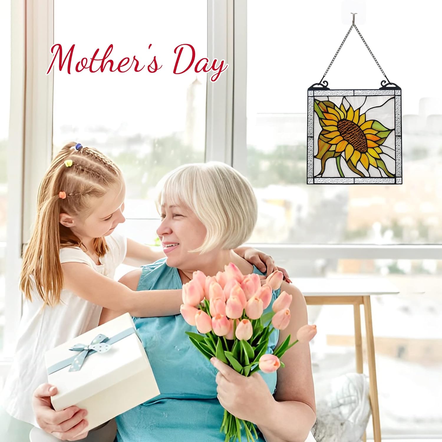 Sunflower Stained Glass Panels Window Hanging,Sun Flower Suncatcher Handmade Art Elegant Decoration,Sunflower Gifts for Women Home Decor,Window Or Wall Decor for Living Room, Bedroom