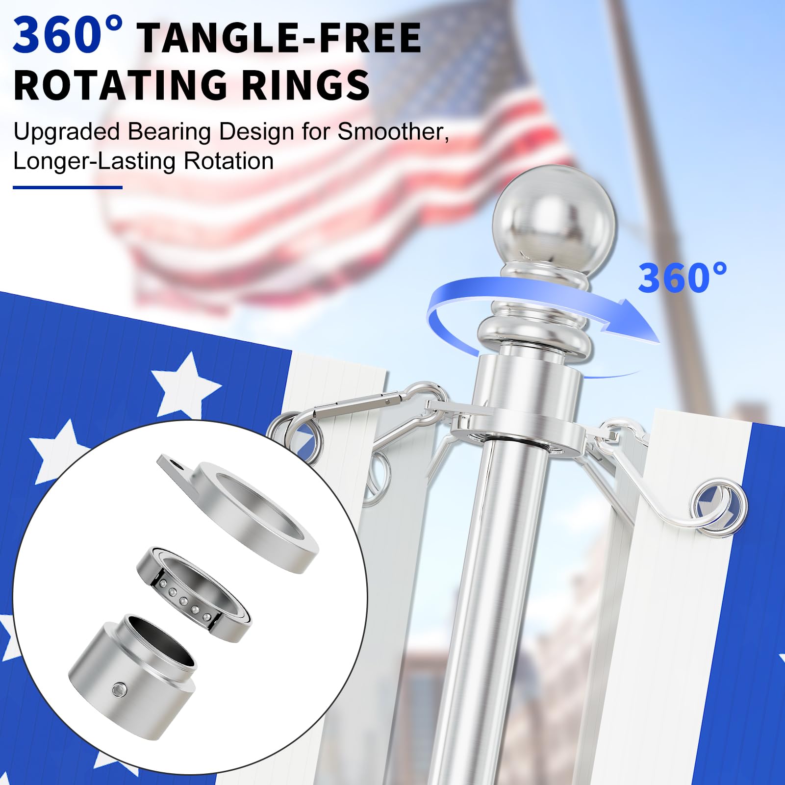 Robuster Flaggenmast aus Edelstahl mit Flaggenhalterung, 2 Positionen für 2,5 cm Fahnenmast zur Wandmontage, für Haus, rostfreie Fahnenmasthalterung, silberfarben mit Bohraufsatz, 1 inch