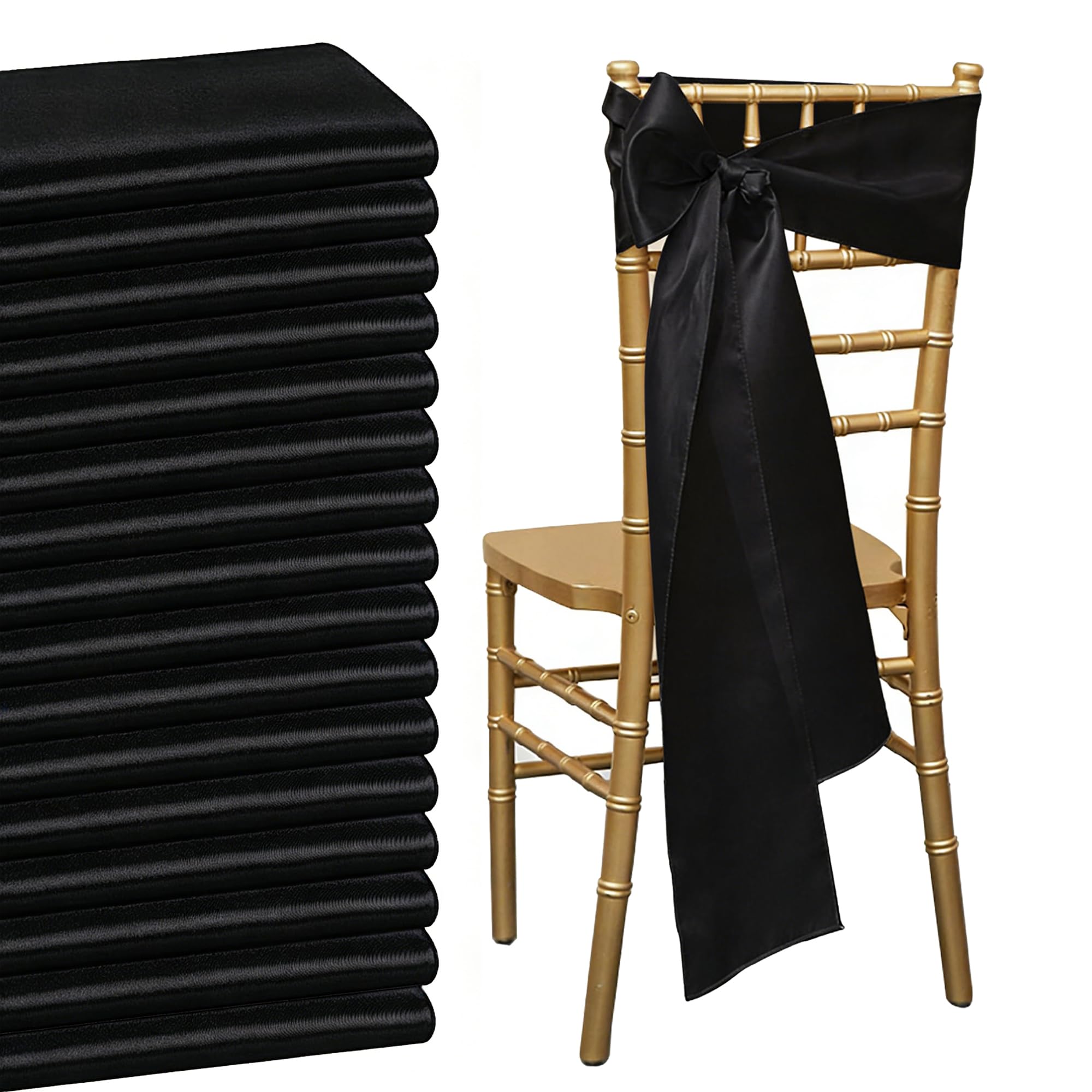 QeeFop Pack of 50 Black Satin Sashes Wedding Chair Bow, Ribbon Fuller Bow for Bridal Wedding Decoration, Birthday, Banquet, Party, Chair Decoration (17 x 275cm) — image 1