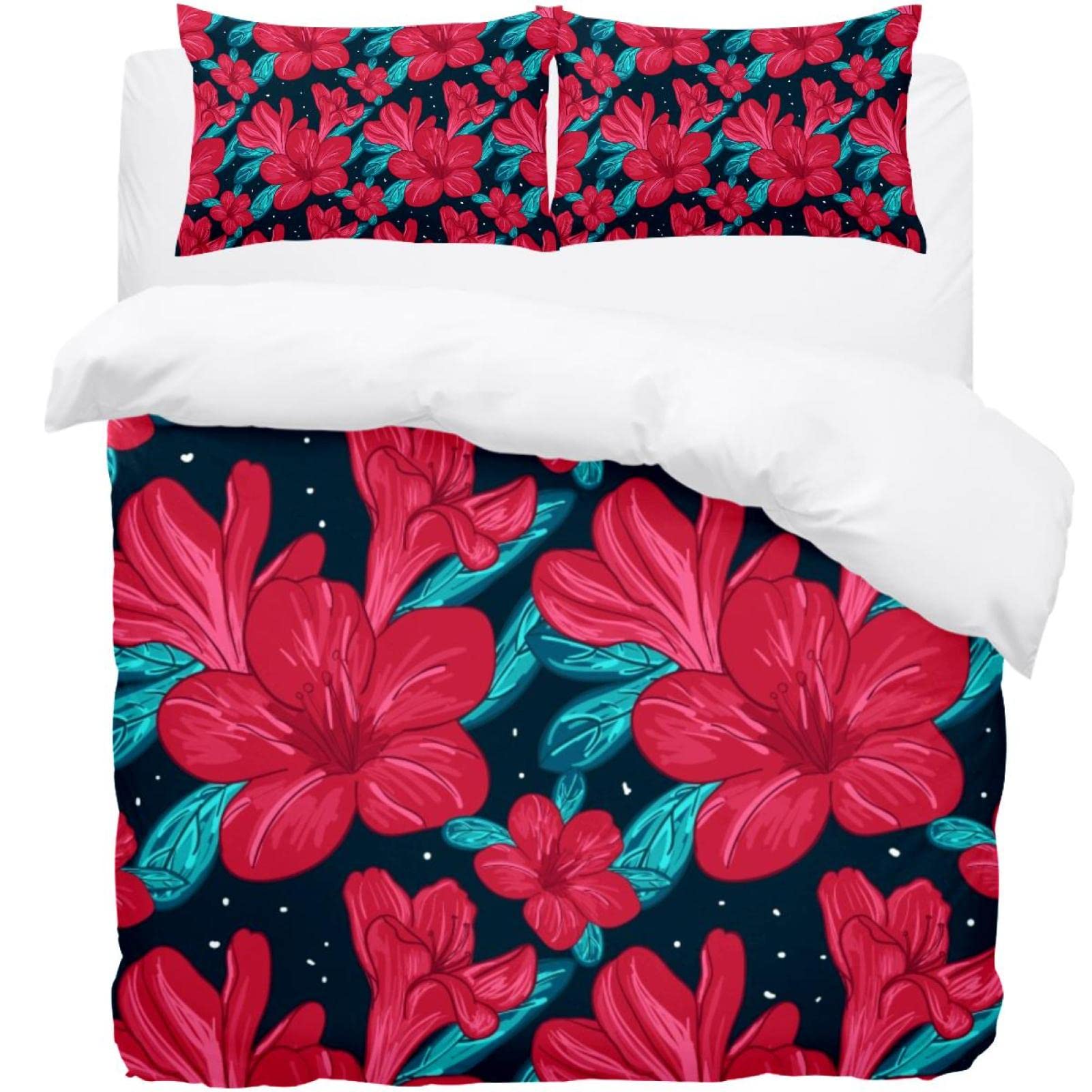 Housse de couette et taie d'oreiller parure de lit motif floral tropical rouge lit double