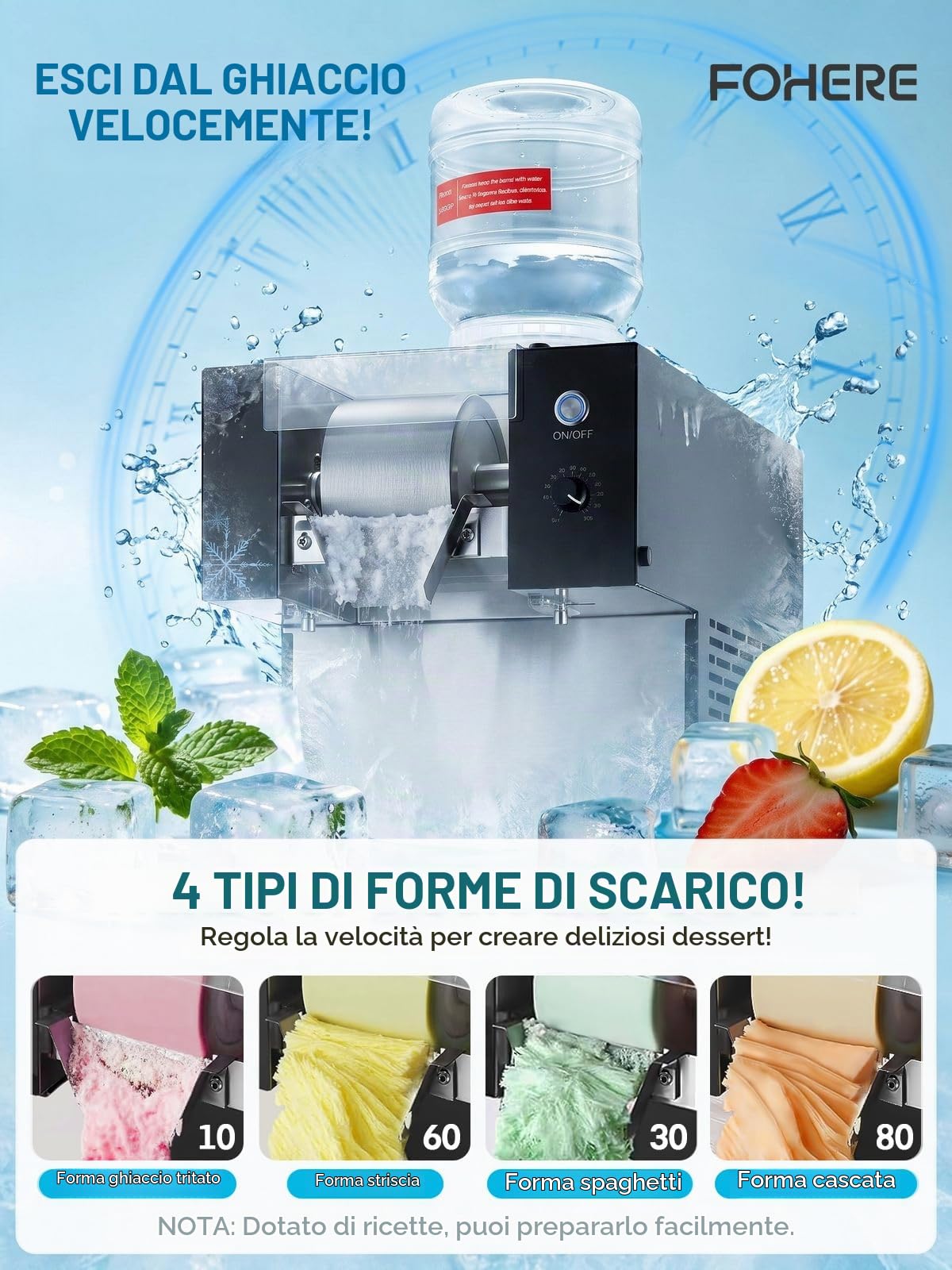 Macchina professionale per ghiaccio tritato FOHERE 80 kg/24 h | Macchina per bingsu in acciaio inossidabile con funzione di autopulizia e compressore, regolatore di velocità