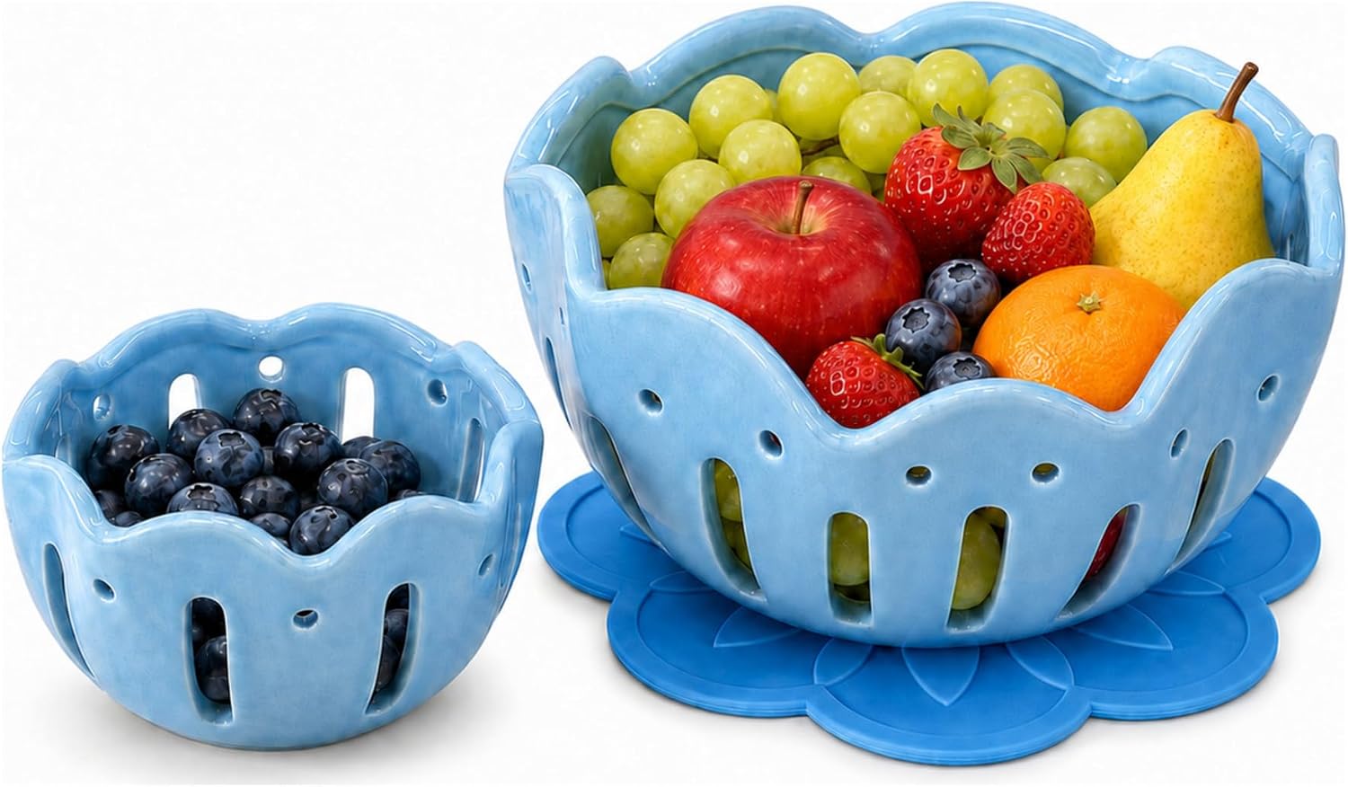 Ceramic Berry Bowl Set 3-Piece Large and Small Fruit Colanders with Side Drain Holes and Flower-Shaped Non-Slip Drip Mat for Rinsing, Serving, Countertop and Fridge Storage