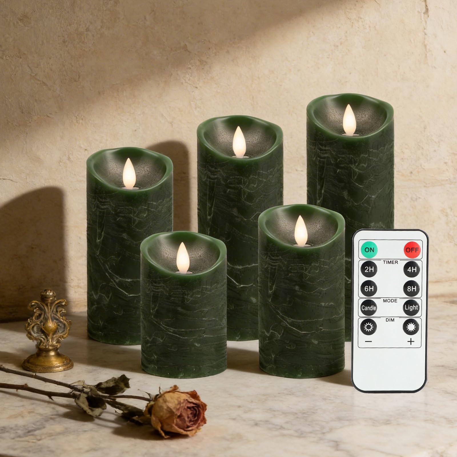 RanBluu 5 Pack LED Candles with Remote Control & 24 Hour Timer, Flameless Real Wax Pillars, Battery Powered Flickering Candles for Birthday/Party/Wedding, Green