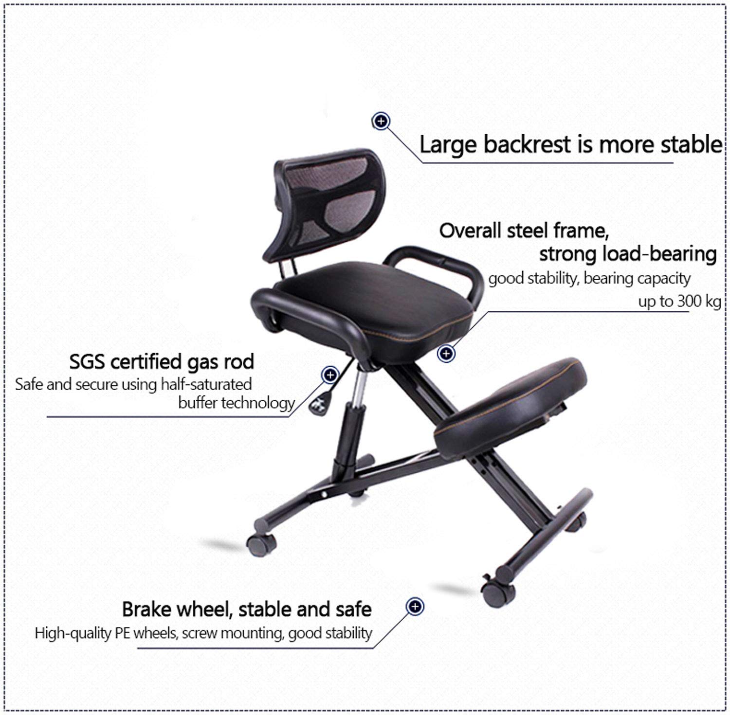 Silla de Rodillas Ajustable en Altura Taburete de Rodillas Ergonómica con Ruedas y Respaldo Sillas Ergonomicas Oficina para Alivia la Fatiga del Cuello y Las Piernas