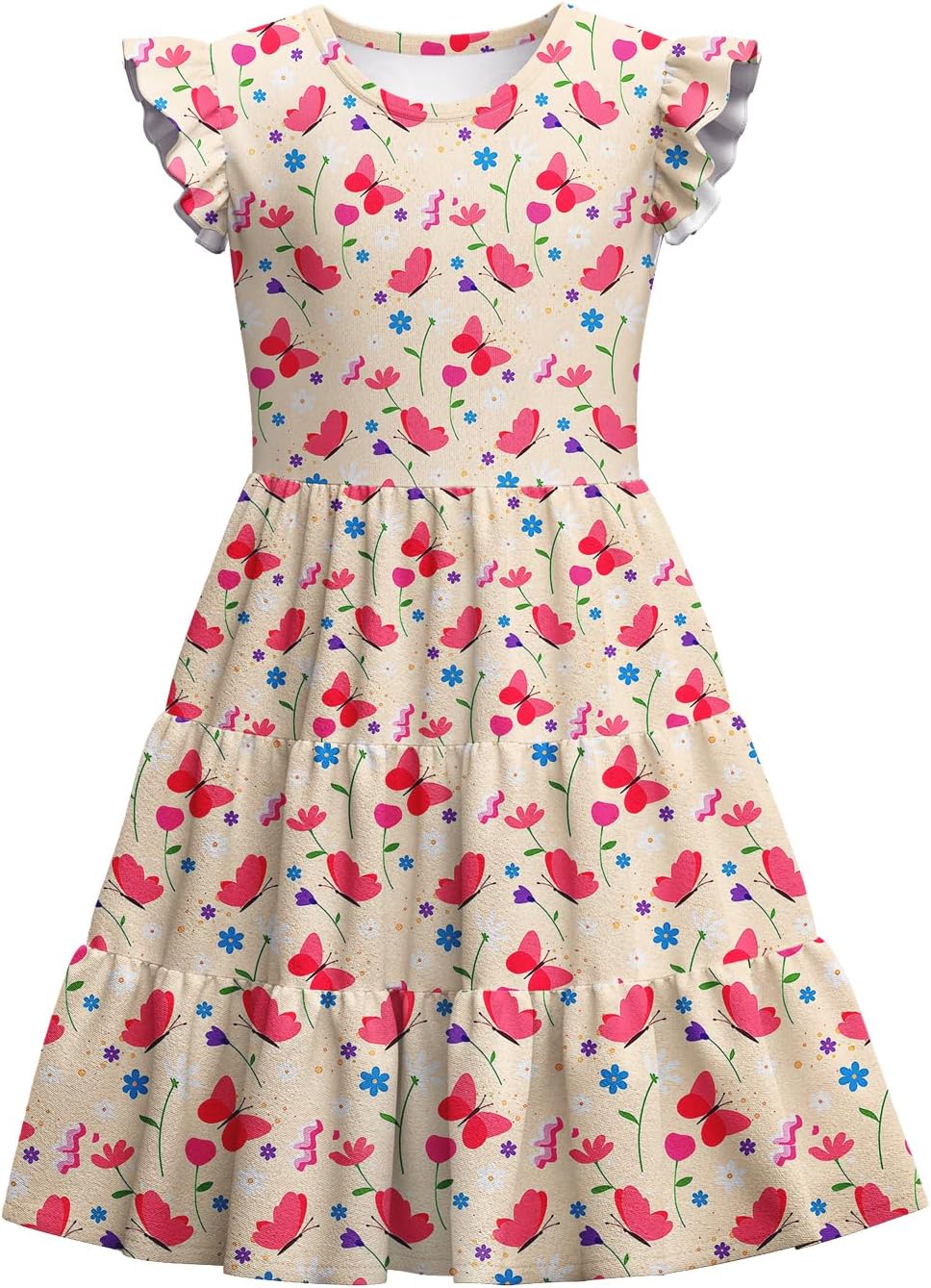 LQSZ Girls Summer Dresses with Ruffle Short Sleeve Midi Casual A-Line Twirly School Sundress Size 3-12 Years Pink Butterfly 9-10 Years image 3 of 5 B0F28VMK4Z