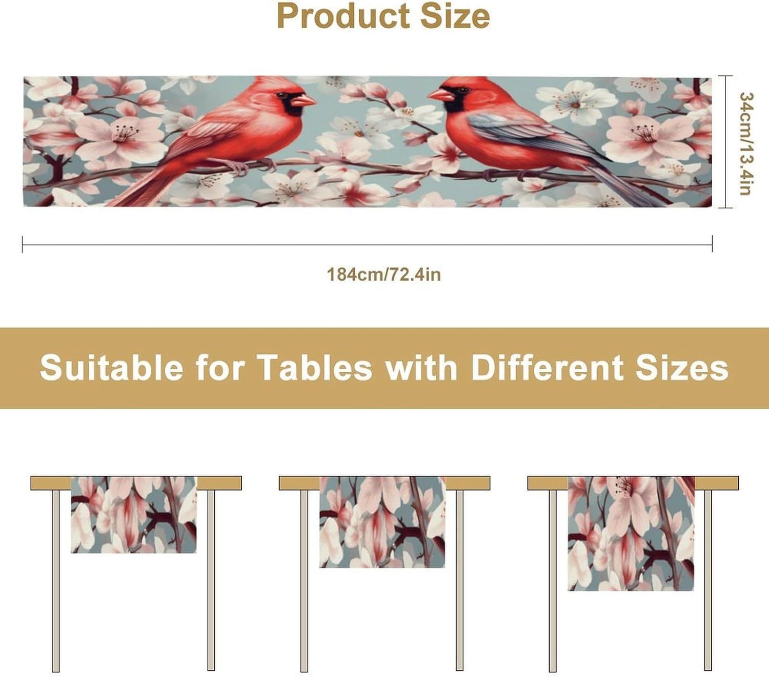 Red Blossom Bird Table Runner, Floral Animal Botanical Dresser Scarf for Dining Table, Kitchen, Party Or Farmhouse Decor, 13x72 Inch