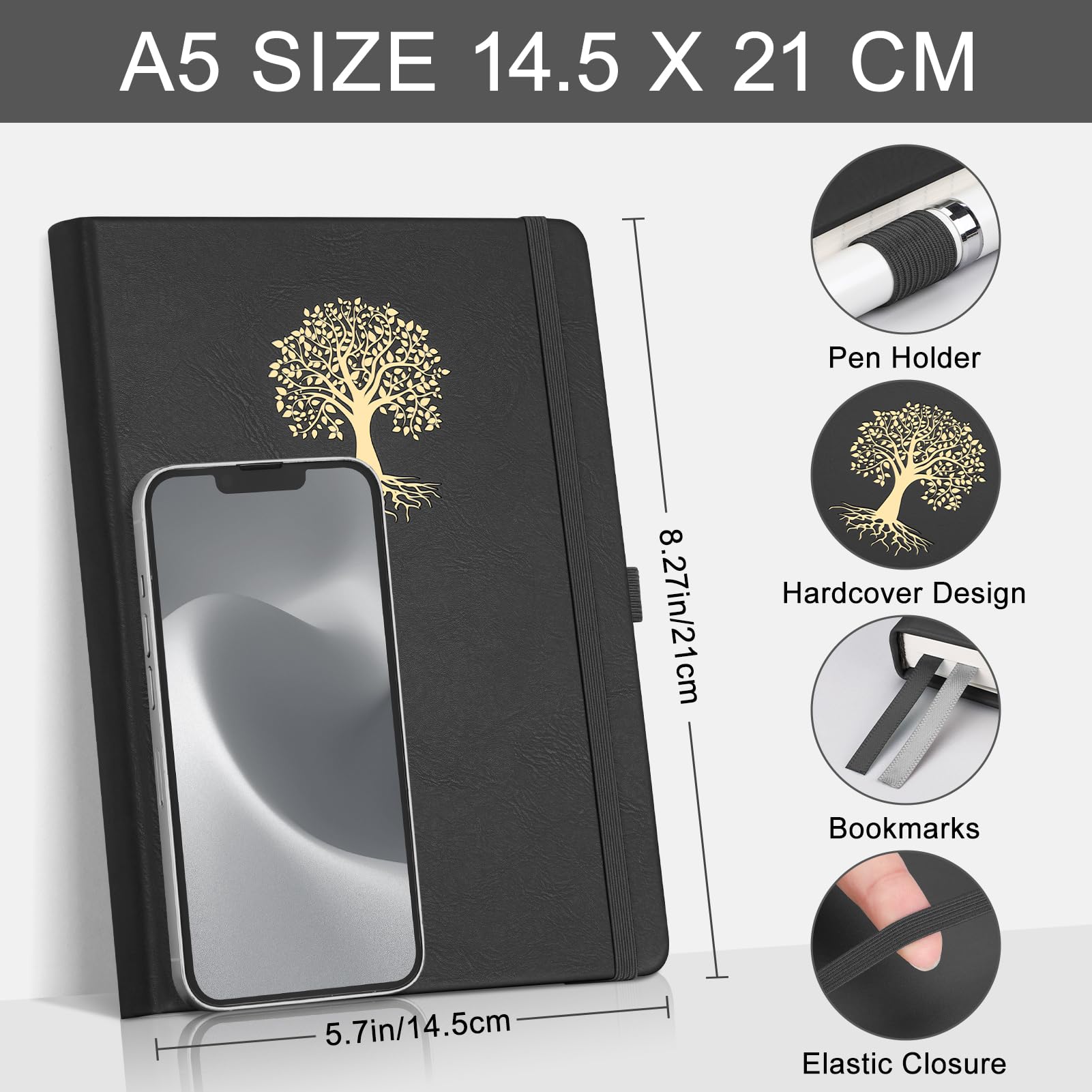 EMSHOI Notebook A5 Lined, 100gsm Hardcover Leather Journal with Sticky Notes - Image 2