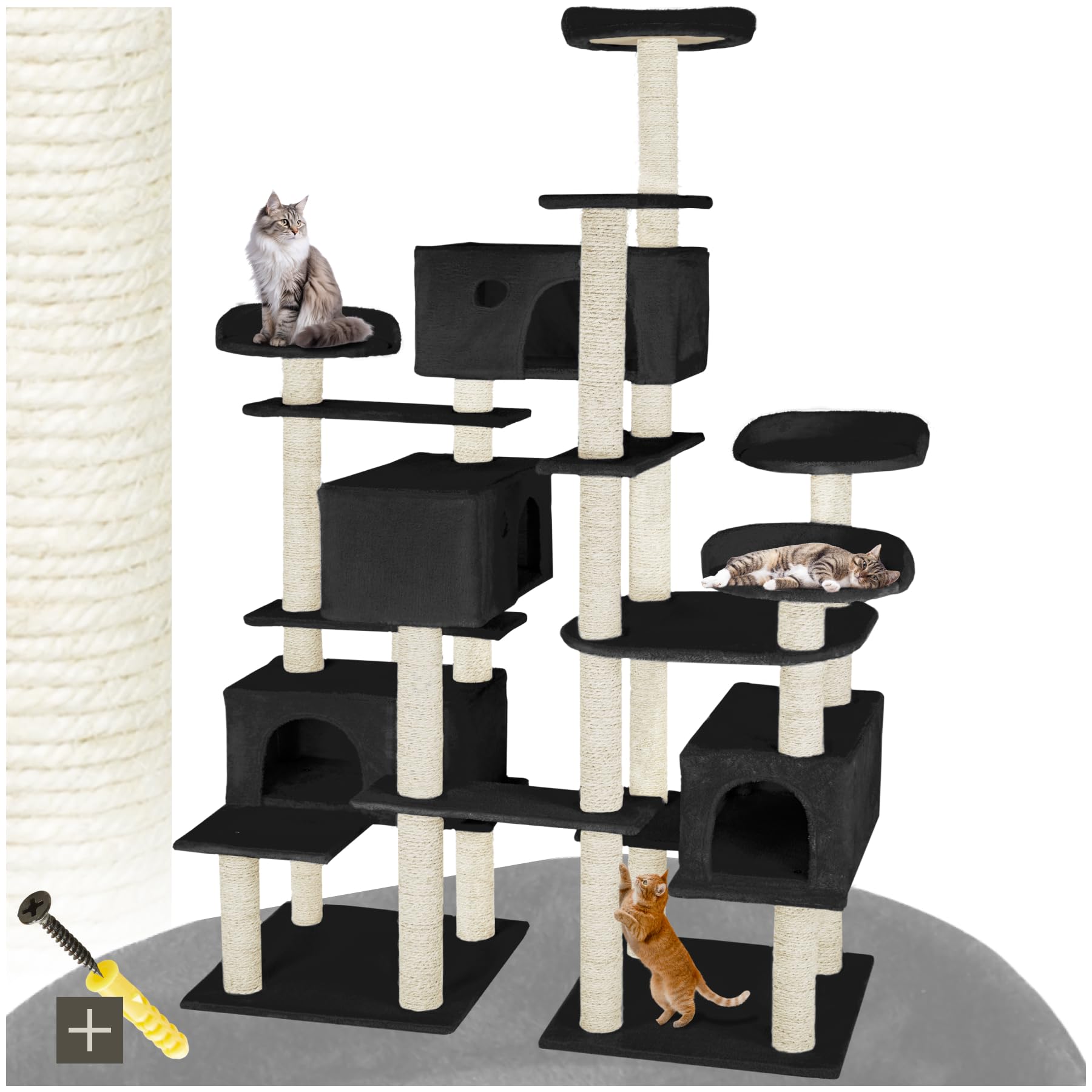 tectake® Katzen Kratzbaum groß, Katzenbaum mit Zubehör für Katze, XXL Katzenkratzbaum mit 4X Katzenhaus, Spielturm mit Kratzsäule, Kratzstamm aus Sisal, Wand Montage möglich - schwarz