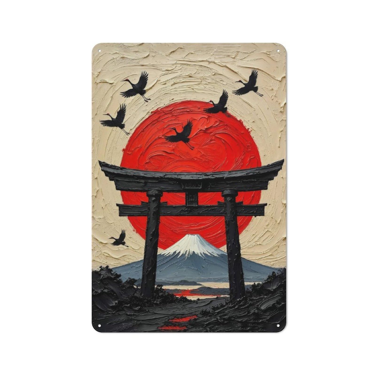 Junmoney Style-1 Garage Style Japanese Landscape With Cranes And Torii Gate Decorative Metal Plaque 30X20cm, Garage Wall Decor For Workshop, Basement, Shed Or Games Room