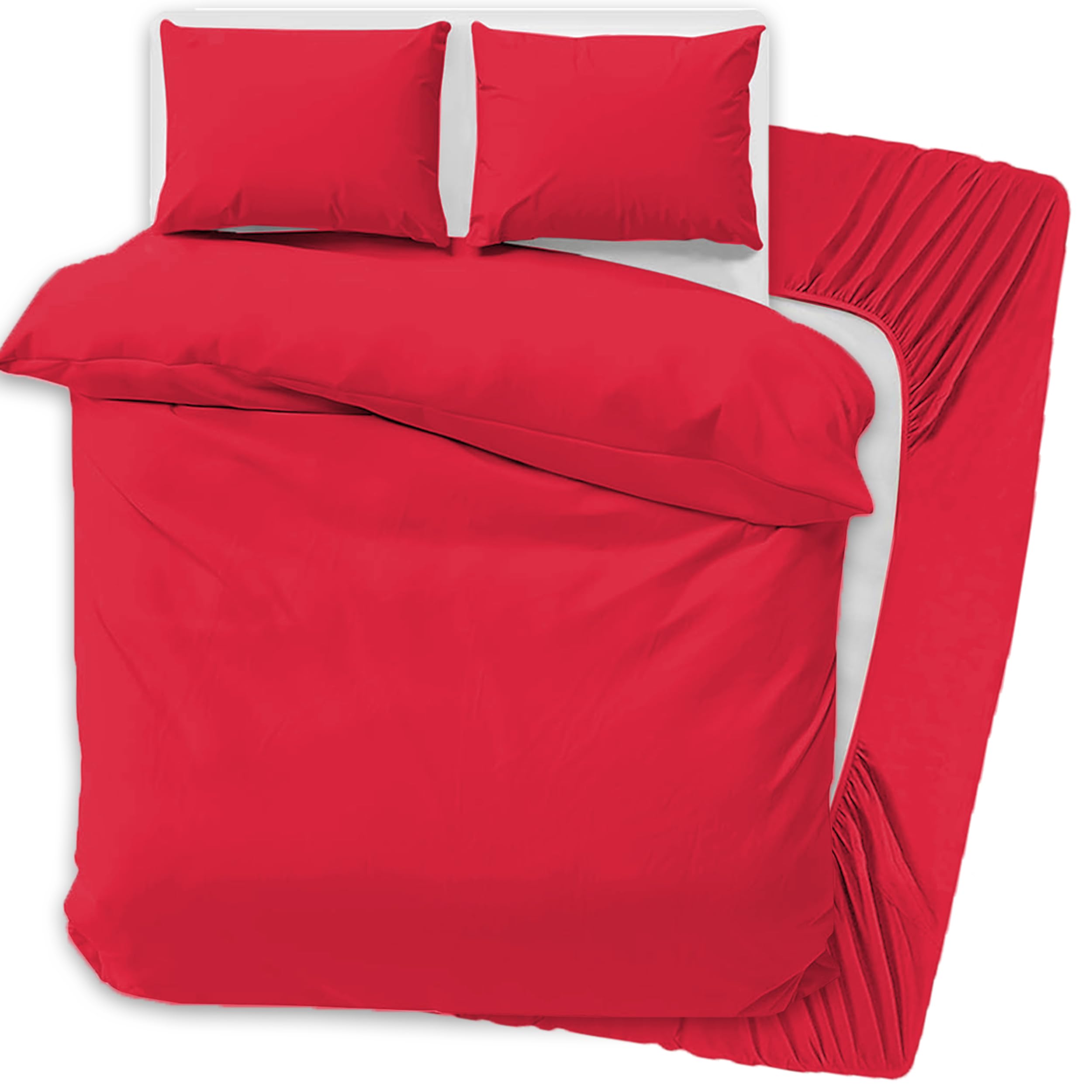 PRIME LINENS 4 Pcs Duvet Cover Set with Matching Fitted Sheet 30 cm Deep - Soft Breathable Premium Microfibre Quilt Cover Bedding Set (Red, Super King)