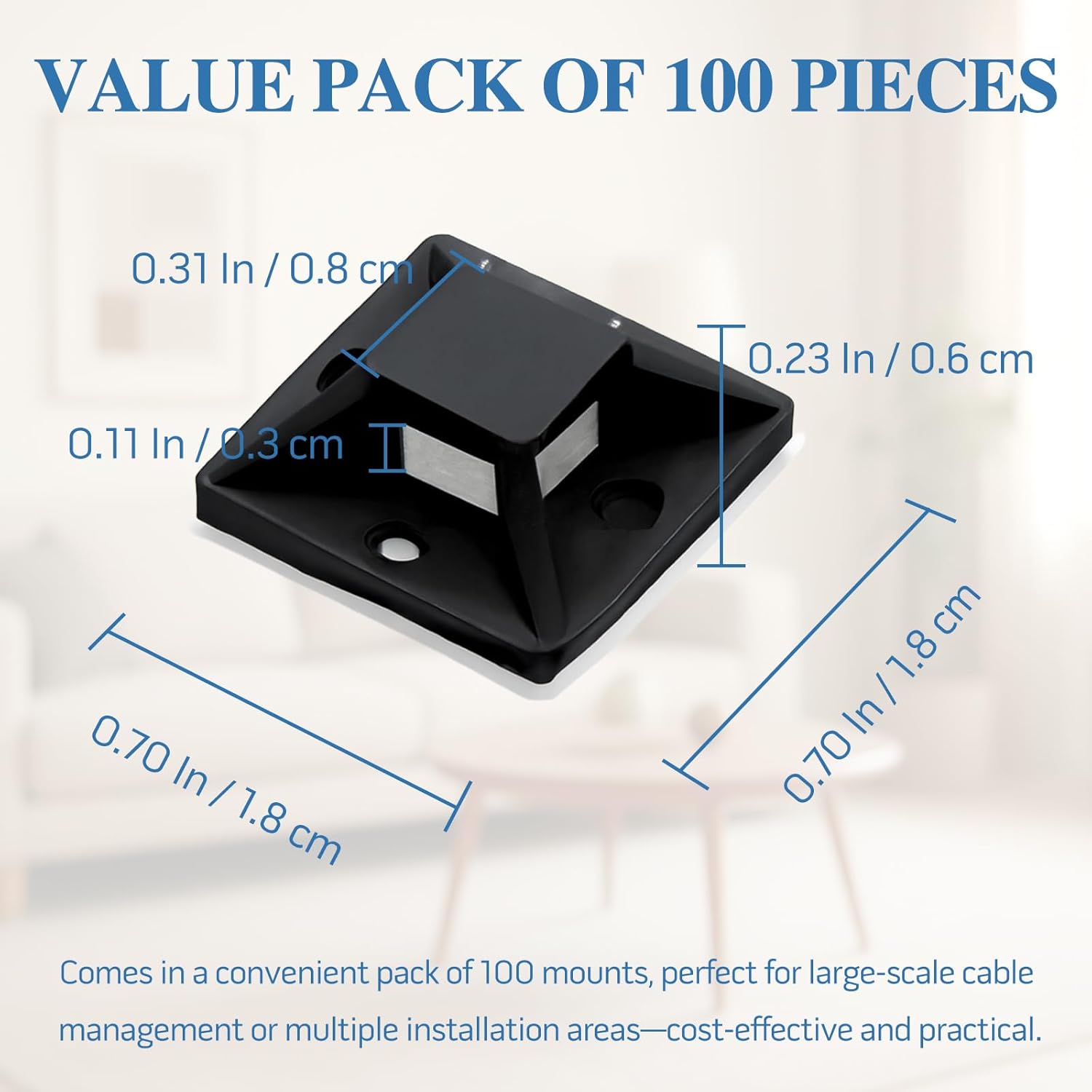 100-Pack Black Self-Adhesive Cable Zip Tie Mounts – Nylon Wire Clips and Anchor Holders for Cord Management in Home, Car & Office