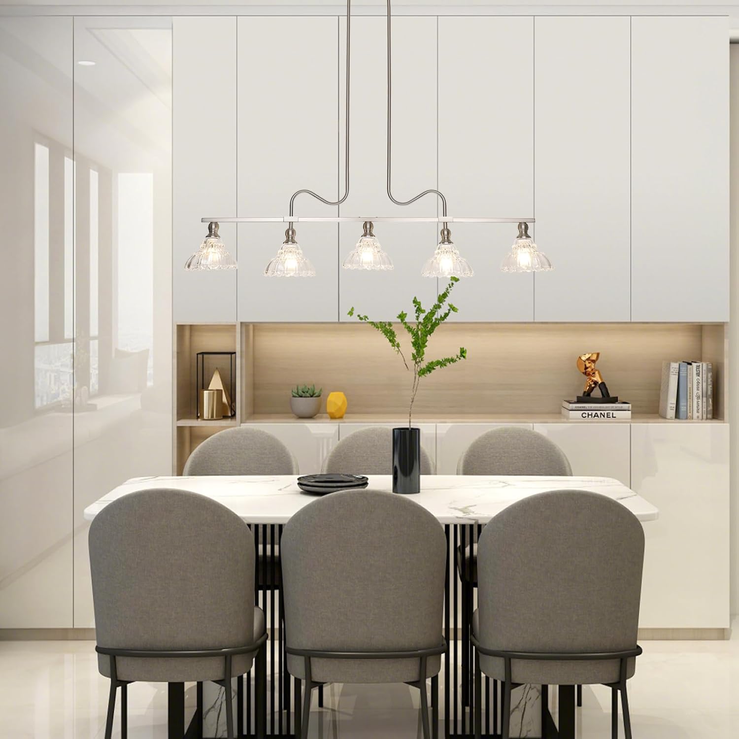 Vintage Chandelier Light, 5-Light Nickel Pendant Lights Kitchen Island Lighting with Flower Glass Shade, Ceiling Hanging Light Farmhouse Chandeliers for Dining Room