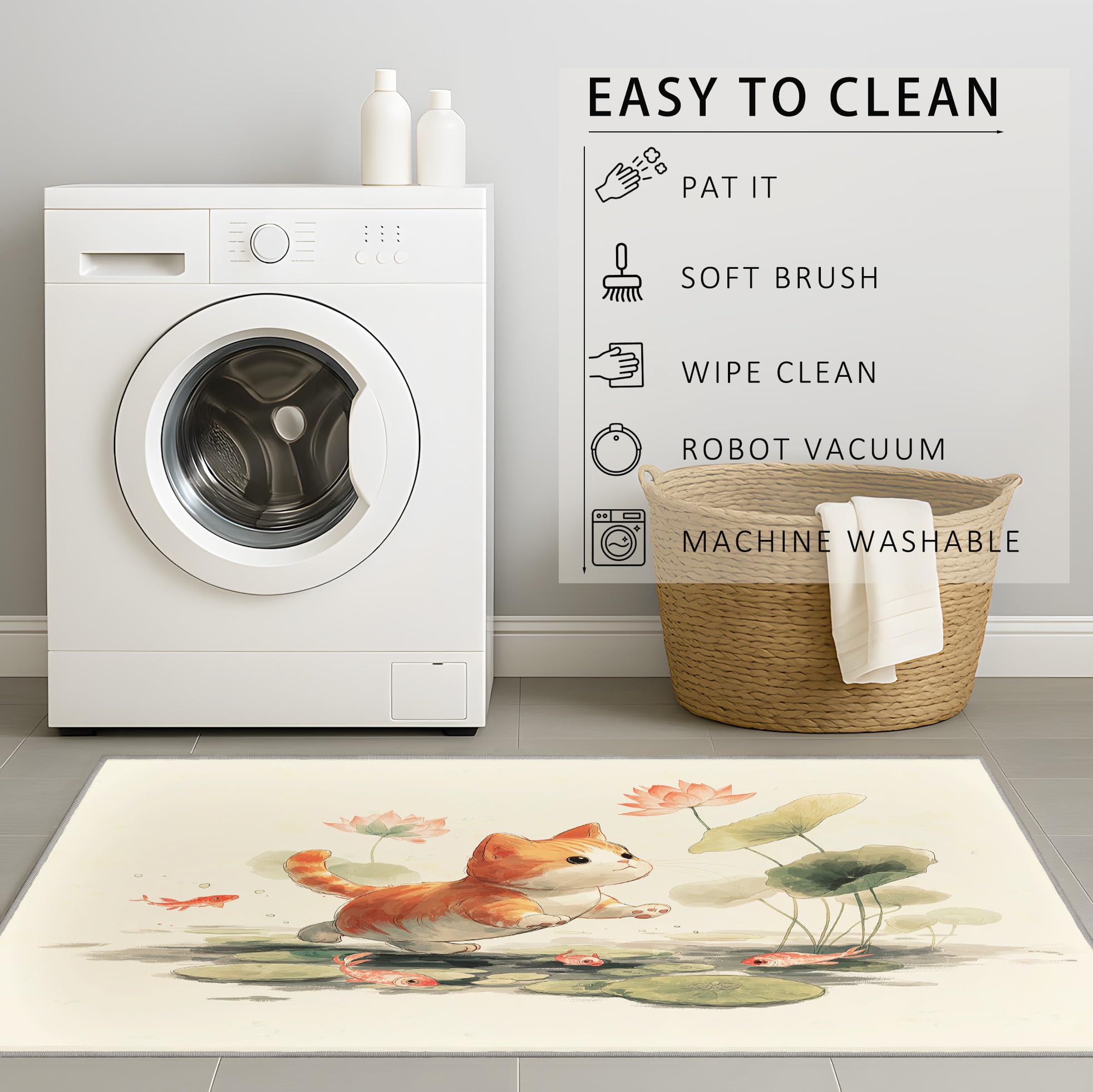 Générique Tapis Imprimé Encre De Chine pour Salon Chambre Décoration de la Maison Doux Lavable Chambre d'enfants Tapis de Sol de Jeu, Chat Étang Lotus Motif (Beige Clair 60 x 90 cm)
