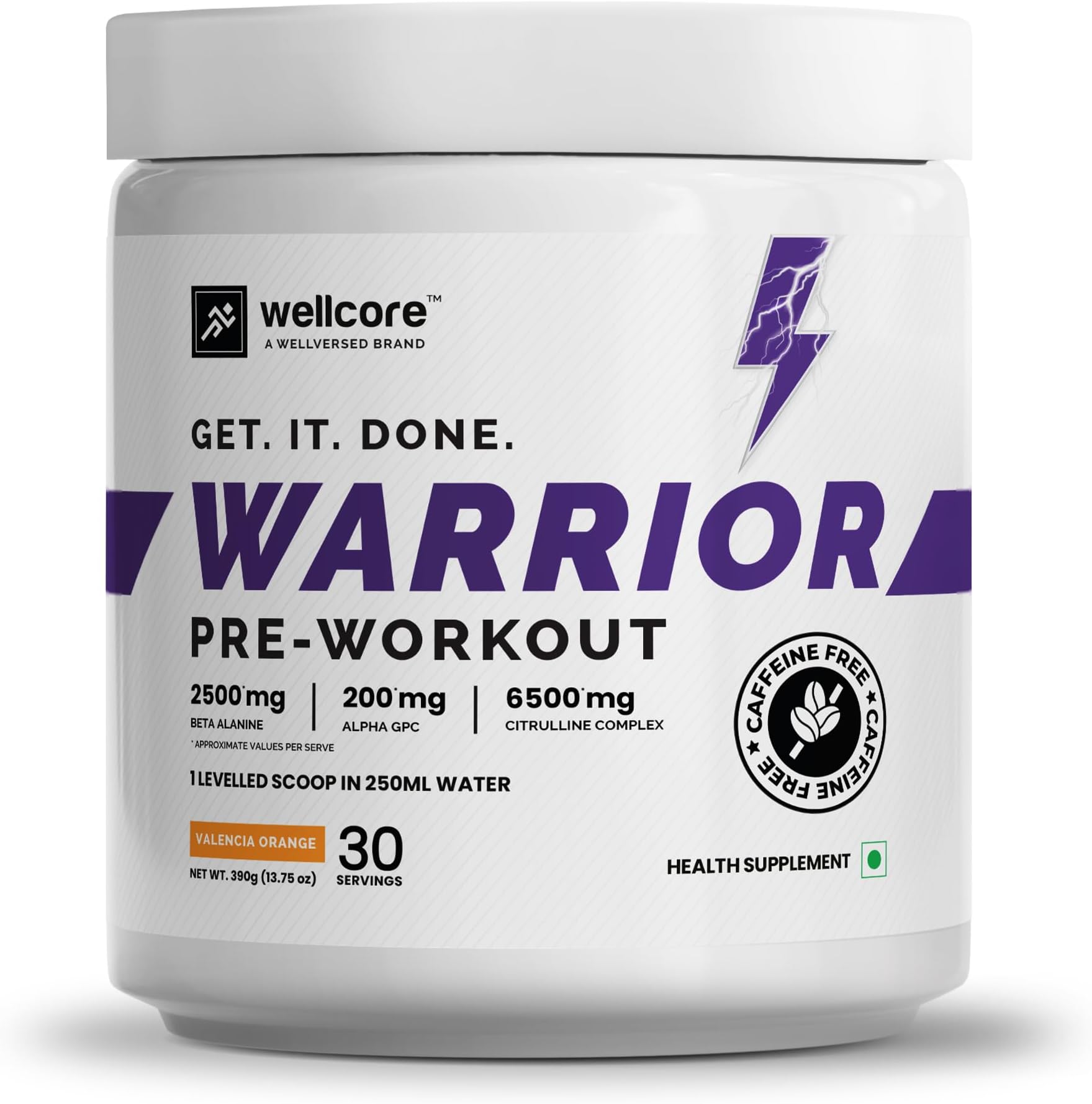 Wellcore-Warrior Pre Workout Supplement Powder(390G, 30 Servings) Valencia Orange Strongest Caffeine Free Pre Workout With 200 Mg Alpha Gpc 6500 Mg Citrulline Complex 2500 Mg Beta Alanine