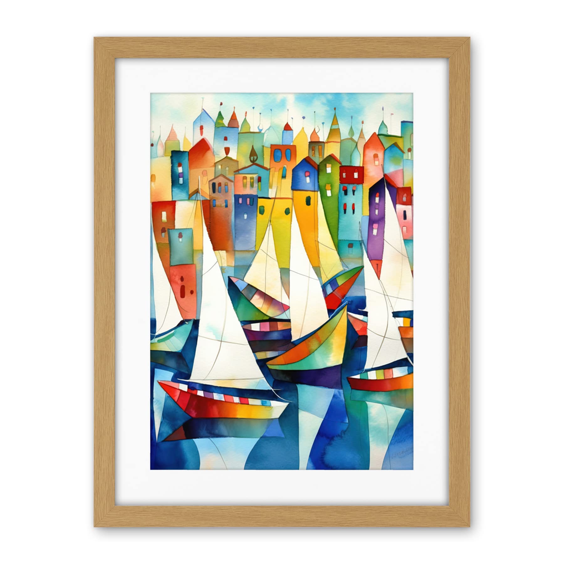 Artery8 Harbour Boats Folk Art Watercolour Painting Artwork Framed Wall Art Print 18X24 Inch