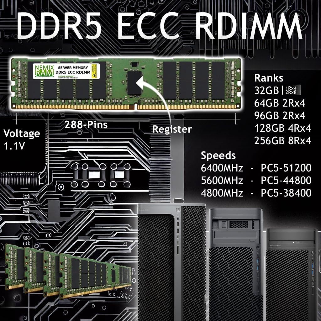 NEMIX RAM 96GB (1X96GB) DDR5 5600MHZ PC5-44800 2Rx4 CL46 1.1V 288-PIN ECC RDIMM Registered Server Memory Compatible with ASRock W790 WS R2.0 Motherboard