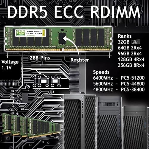 Miniatura 2 de NEMIX RAM 64 GB (1 x 64 GB) DDR5 6400 MHZ PC5-51200 2Rx4 1.1V CL52 288-PIN ECC RDIMM Memoria de servidor registrada compatible con Micron
