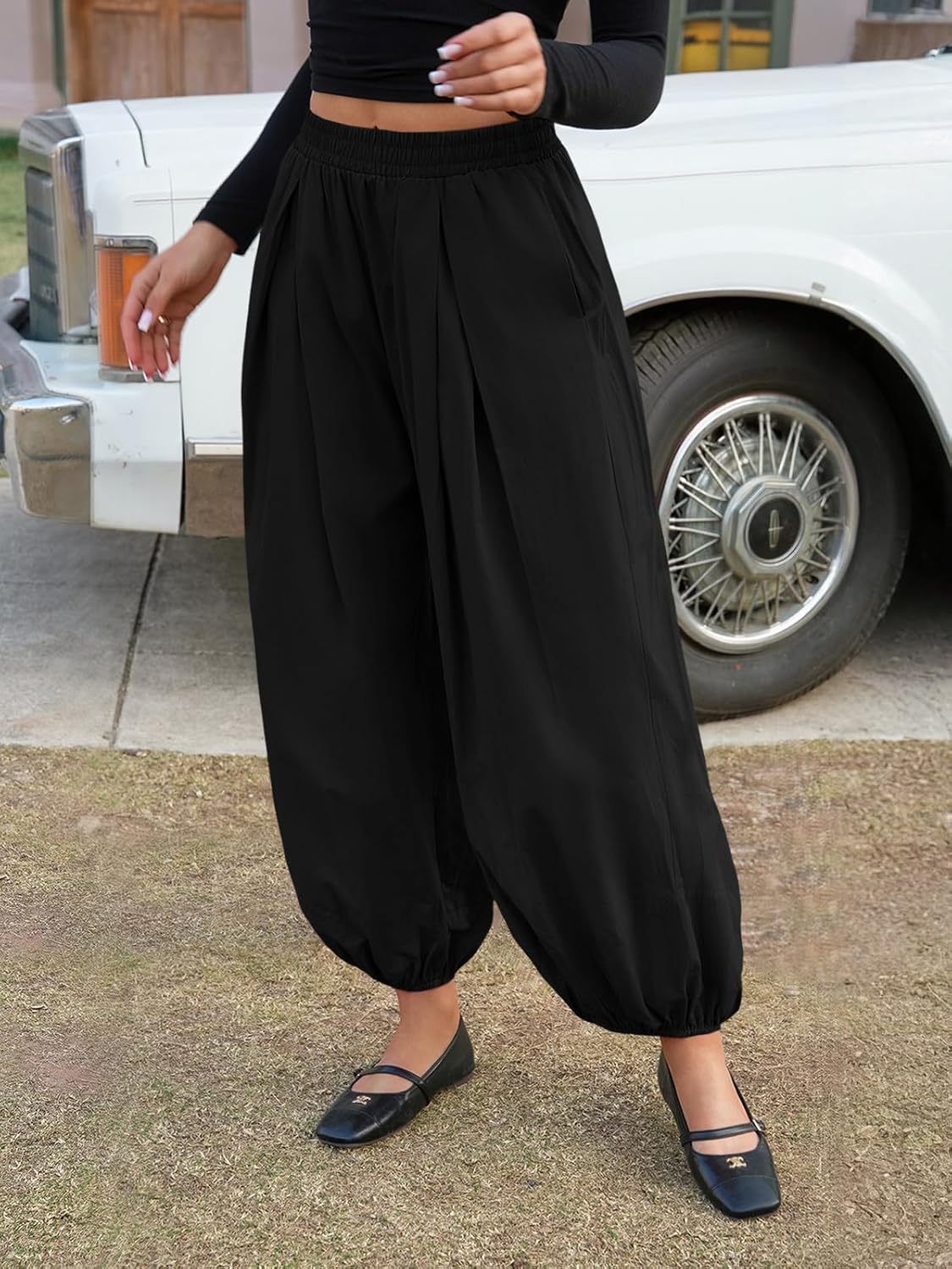 Fisoew Womens Wide Leg Balloon Pants Casual Barrel Elastic Waist Pleated Baggy Workout Sweat Pants with Pockets