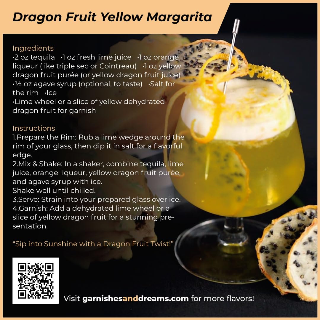 Garnishes & Dreams Dehydrated & Dried Yellow Dragon Fruit (5.5oz) – Natural Exotic Tropical Fruit Chips for Cocktails, Mixology, Baking & Desserts, No Sugar Added, Edible Dried Fruit Garnish