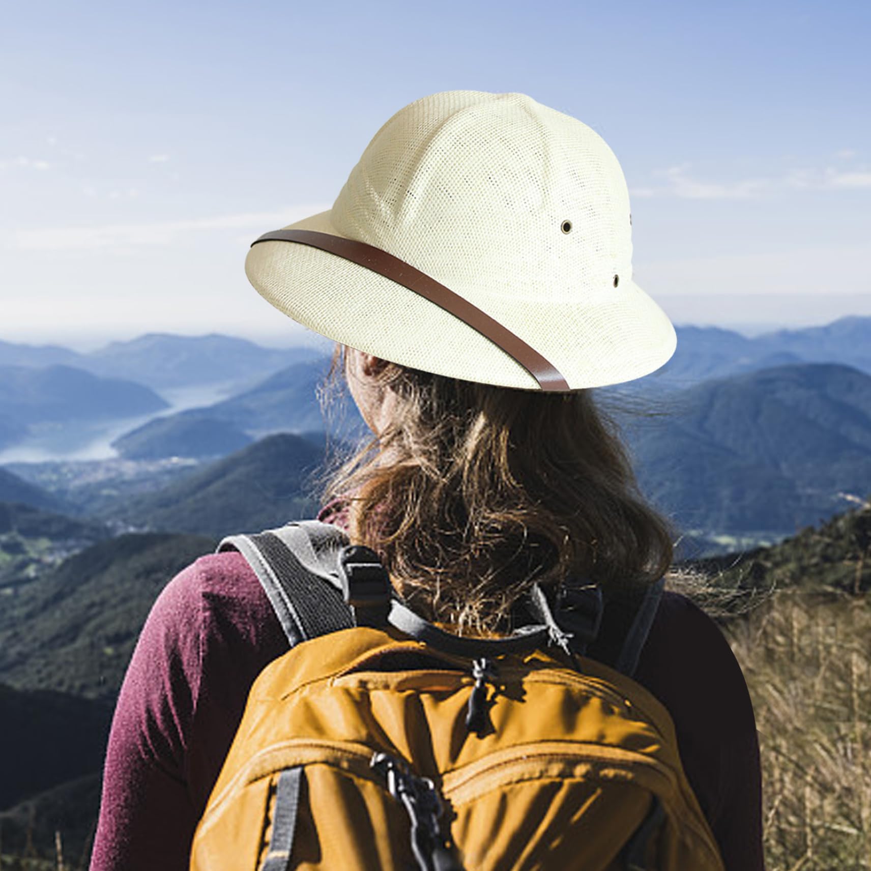 Casco da pith, cappello di paglia da uomo a tesa larga con decorazione con cintura, cappello da sole in tessuto traspirante con sottogola regolabile, per minatore all'aperto per costume da