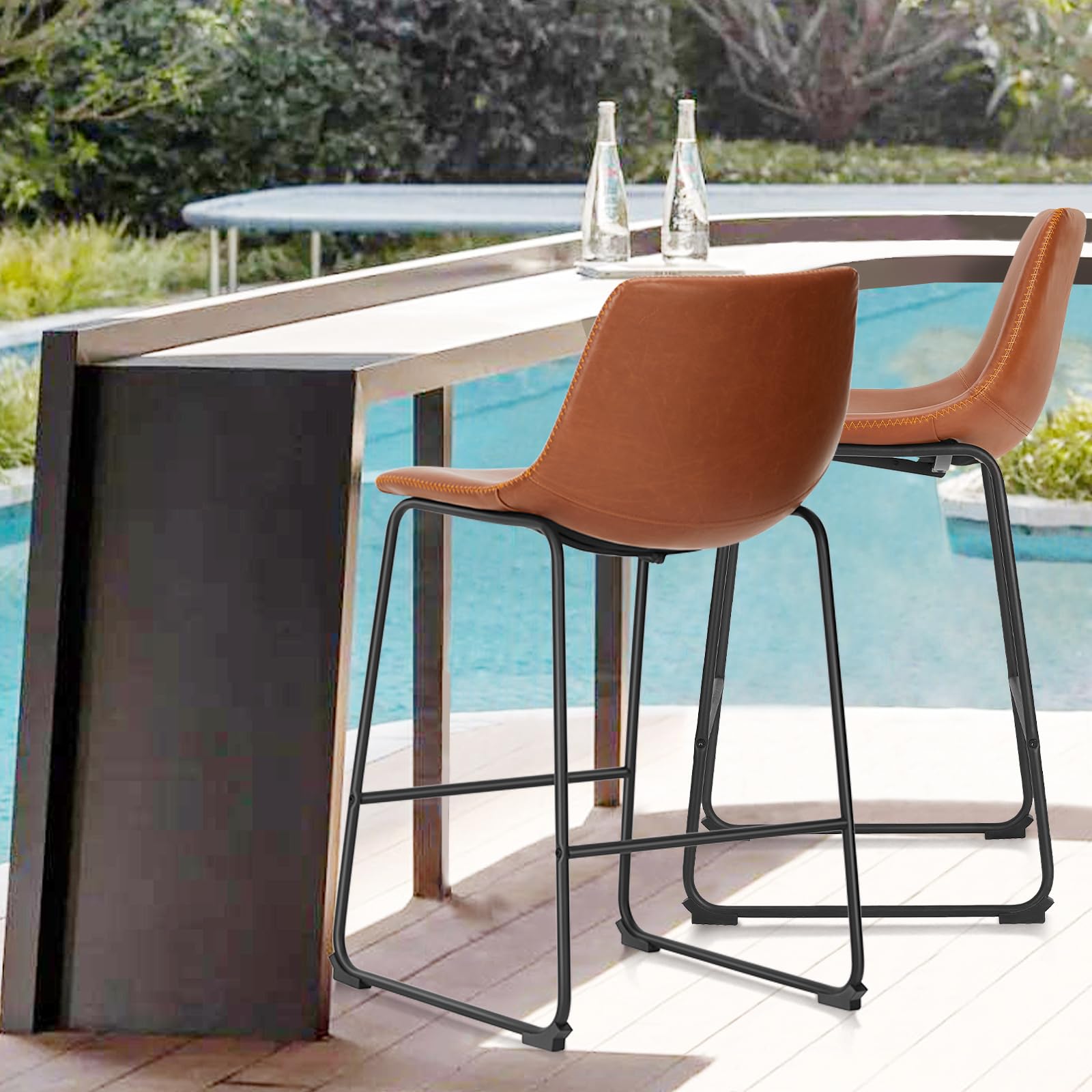 NEWBULIG 26 Inch Counter Height Bar Stools Set of 2, Armless Bar Height Stools, Faux Leather Barstools with Back, Kitchen Island Chairs, Comfortable Modern Chairs with Metal Legs, Classic Brown