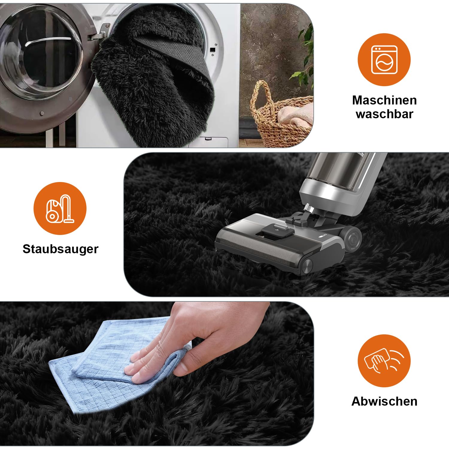 Hochflor Wohnzimmer Teppich, Flauschig Waschbar rutschfest Moderne Teppiche Groß für Schlafzimmer Büro Esszimmer Kinderzimmer Spielzimmer, 160x230 cm, Schwarz