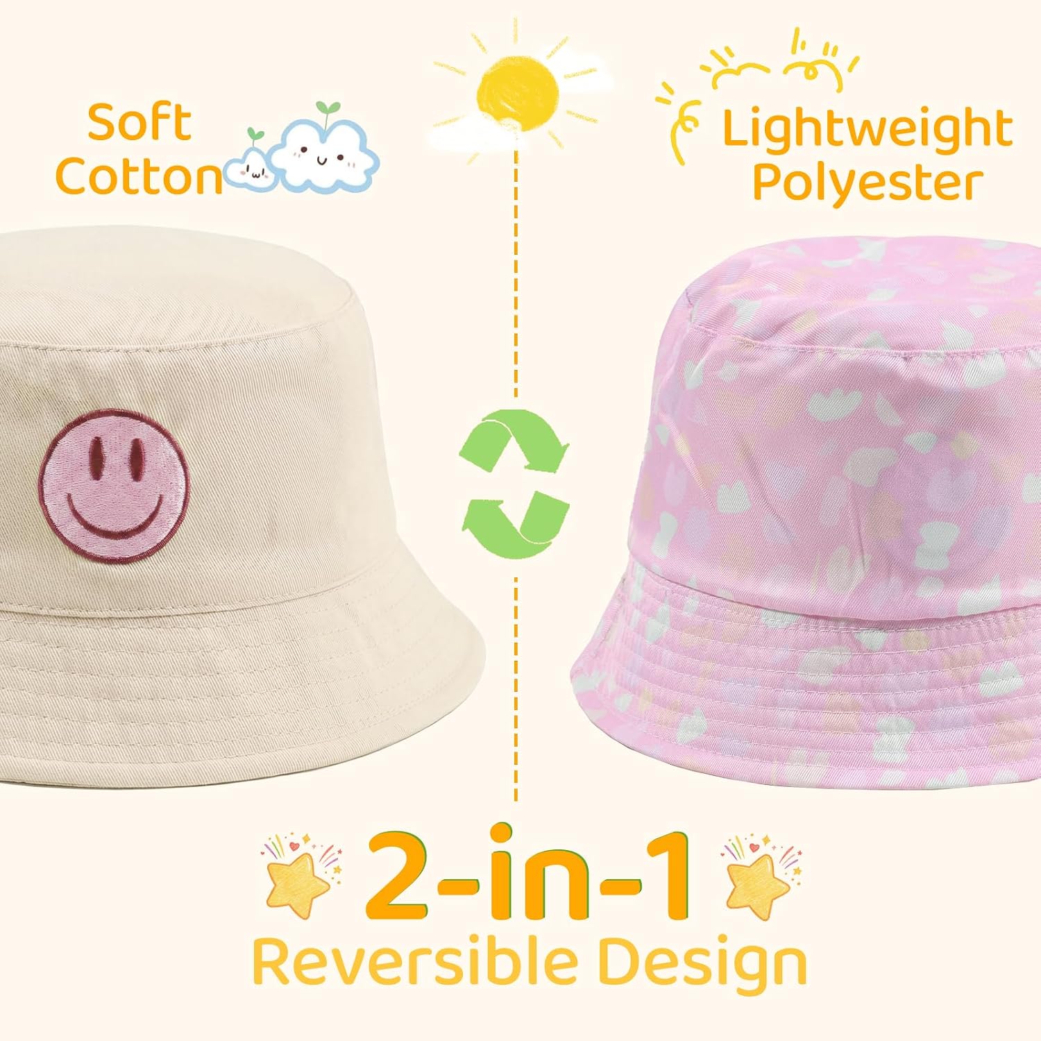 Toddler Sun Hat 2-5 Years, Reversible Baby Bucket Hat with Smile Face, UPF 50+ Kids Hat for Boys Girls Beach Travel