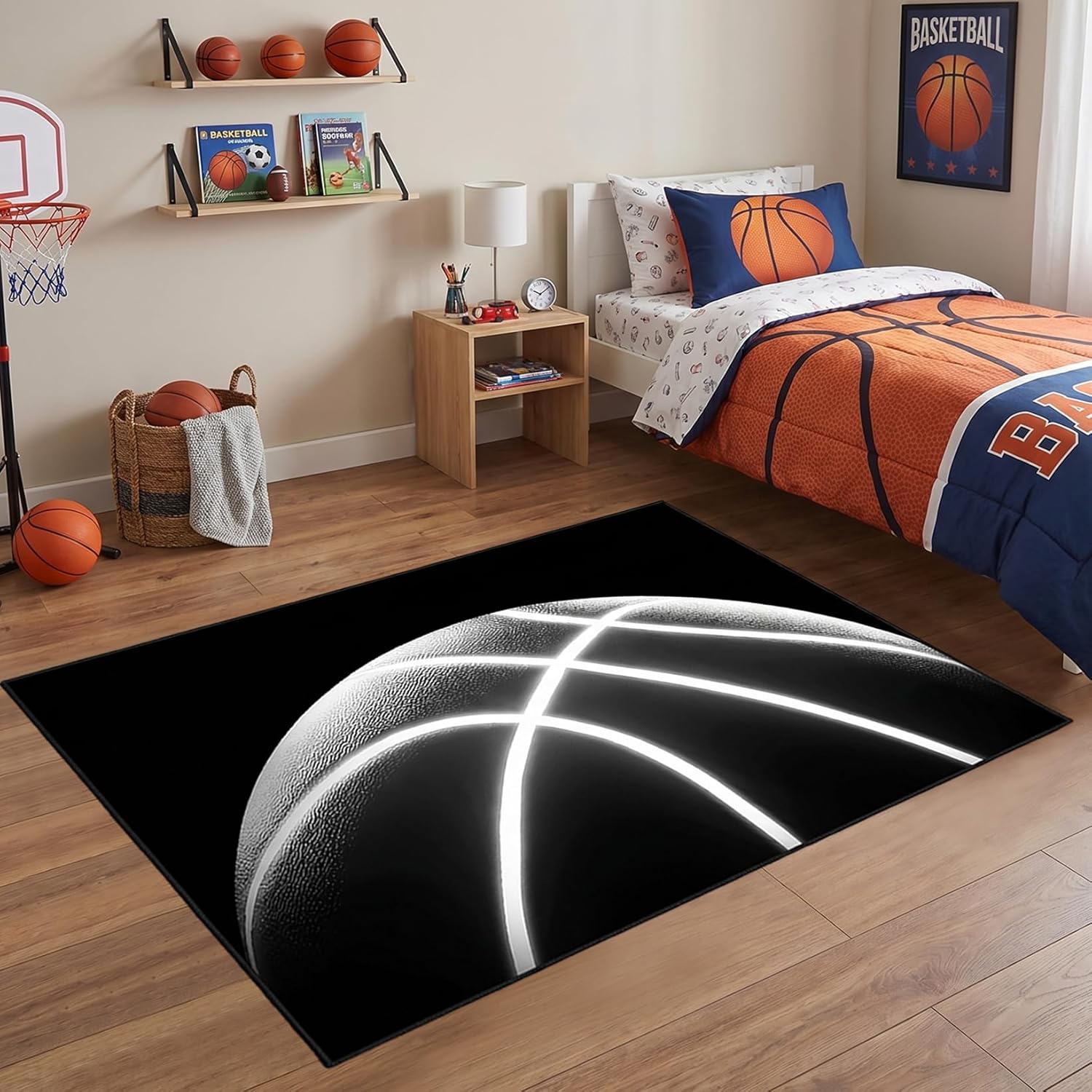 Basketball Area Rug, Black, 5'7', Sports, Unisex, Flat Woven, Medium Pile, Machine Made, Indoor, Water Resistant, Rectangular, Basketball Print, Boys Bedroom, Living Room Floor Mat