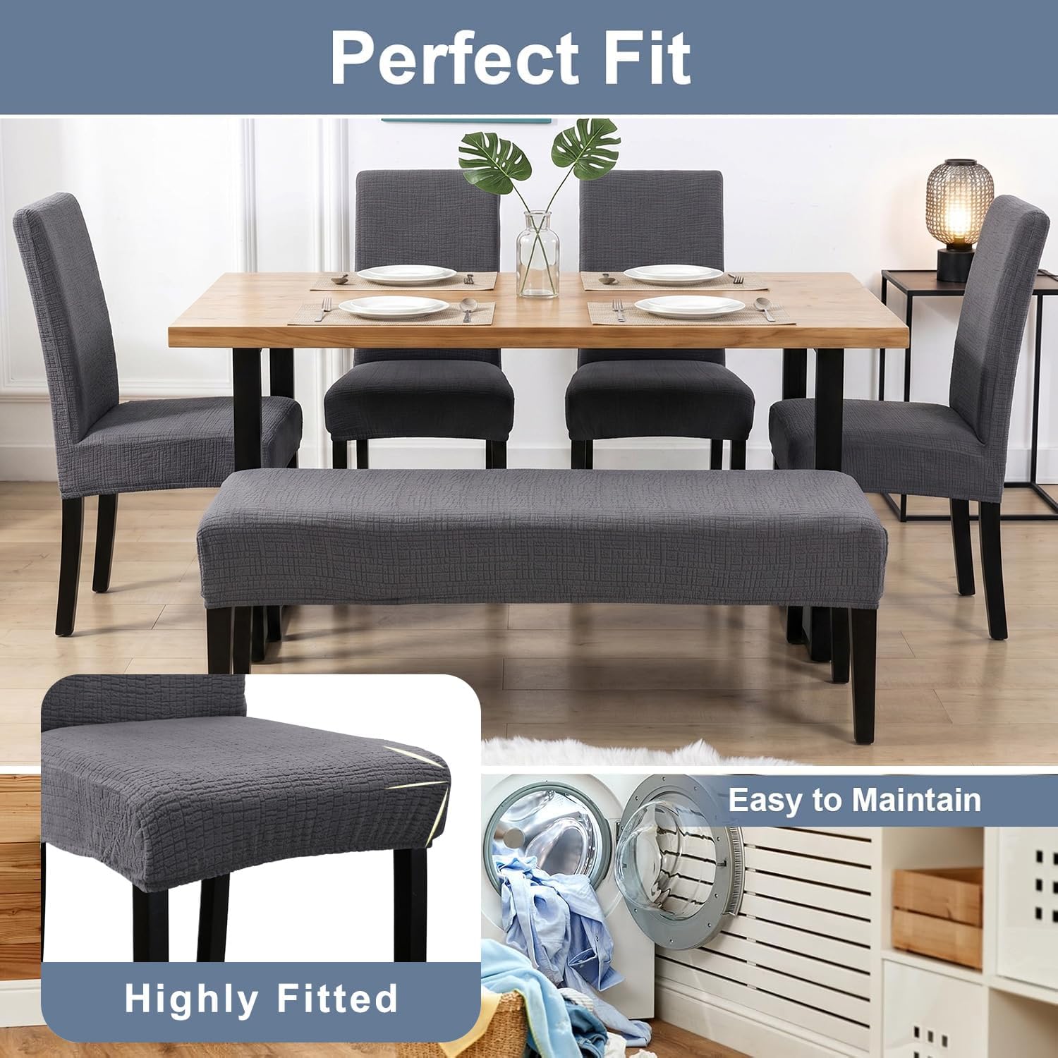 Eco-Ancheng Chair Cover Dining Chair Covers Set of 5 with Bench Chair Cover Parsons Chair Slipcover Jacquard Bench Slipcover Removable Kitchen Chair Protector for Dining Room Hotel Restaurant,18
