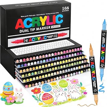 168 Colors Acrylic Paint Pens Set, Dual Tip 0.5-5MM Brush Tip & 1 MM Fine Tip Acrylic Paint Markers for Rock Painting, Wood, Glass, Ceramic, Canvas, Fabric - Water-Based Non-Toxic Paint Pens for Adult
