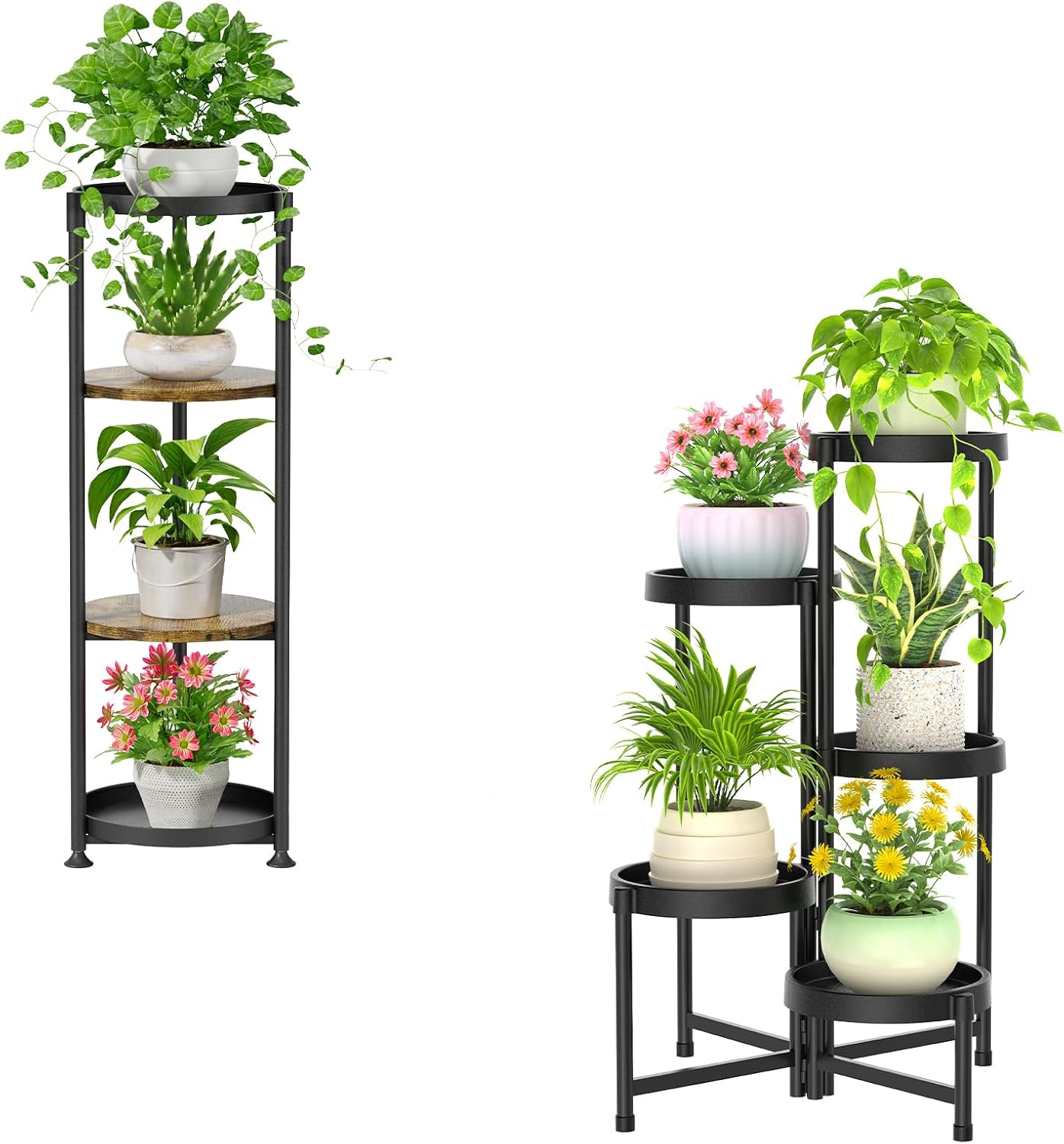 iDavosic.ly Set of 2 Plant Stand for Indoor Outdoor, 4 Tier Large Iron Heavy Duty Flower Display Holder Rack and 5 Layer Metal Plastic Tall Corner Shelf for Balcony Patio Garden Porch, Black