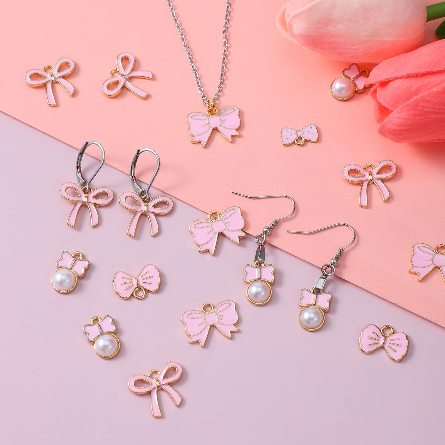 40PCS Pink Bow Charms for Jewelry Making, Romantic Flat Bowknot Charms, 5 Styles Cute Bow Pendants for Women, Alloy Enamel Bowknot Pendants Charm for Earrings, Necklace, Bracelets and DIY Craft - Image 5