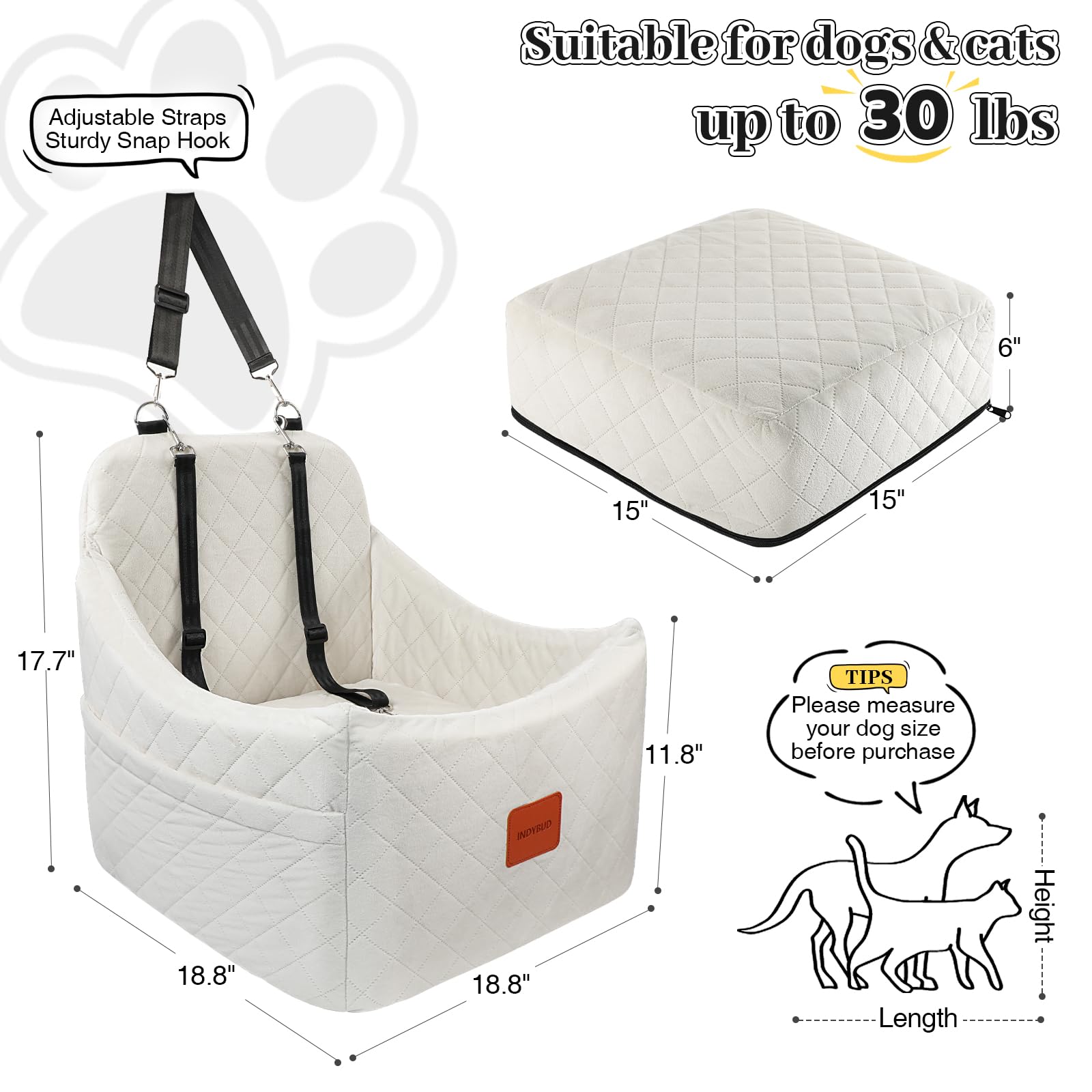 Asiento de coche para perros pequeños/medianos, durabilidad y apoyo, asiento de coche para mascotas de varias esponjas completas, vista de Google en viaje para perro de cama elevadora, lavable