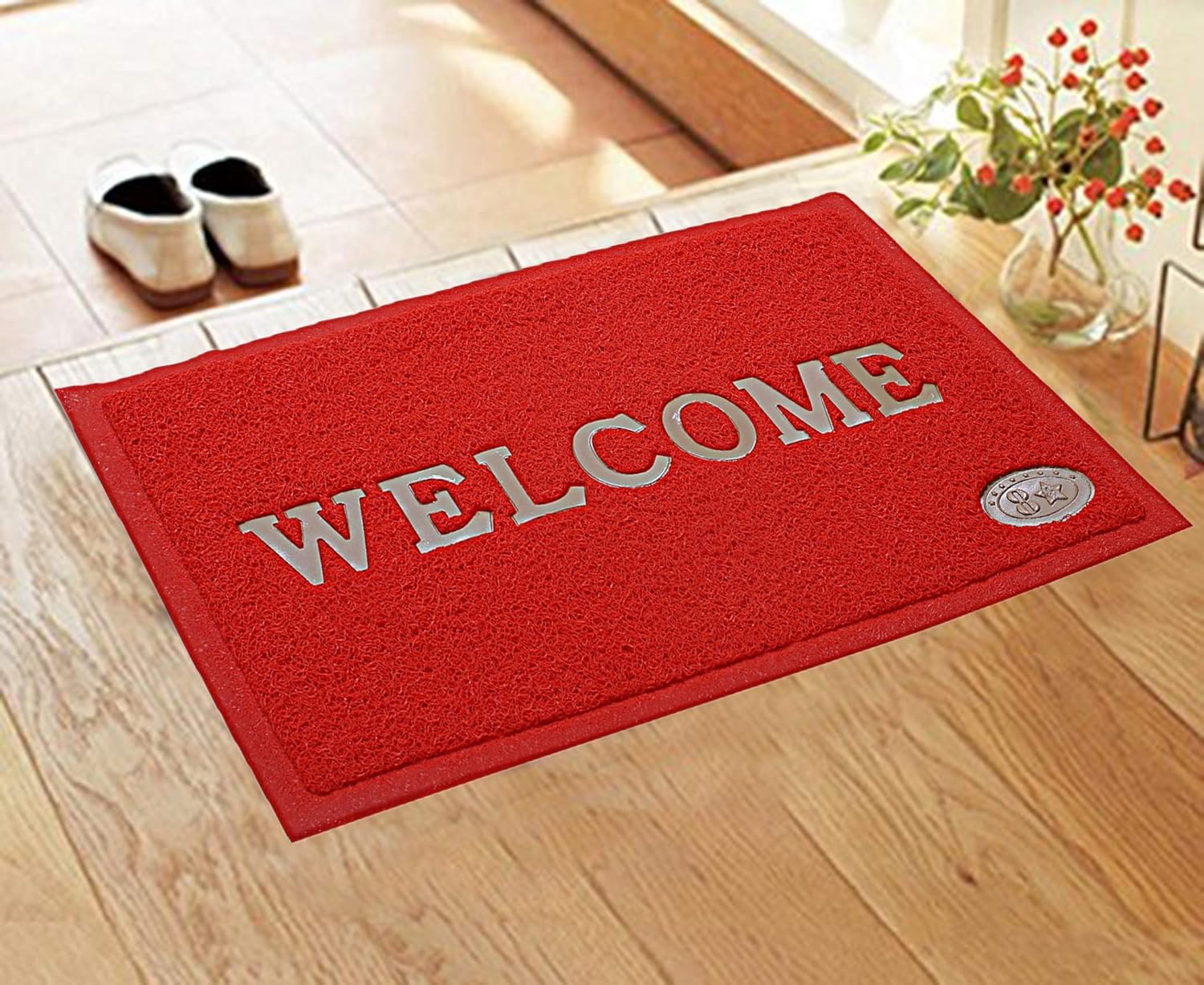 Kuber Industries PVC Anti Skid Welcome Door Mat (Red) -CTLTC011173, Rectangular, 58x38 cm