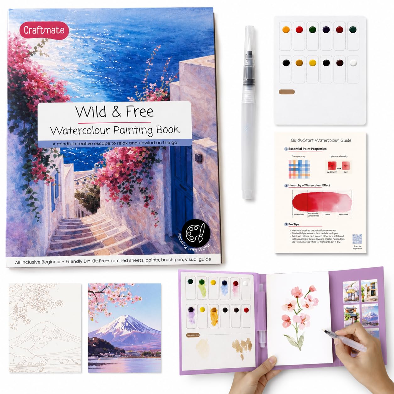 CRAFTMATE Wild & Free Watercolor Painting Book | DIY Paint with Water Kit for Kids, Teens & Adults | 8 Pre-Sketched Scenic Designs + 2 Blank Sheets with Paint Palette & Water Brush Pen | A4 Watercolour Art Book-image-22