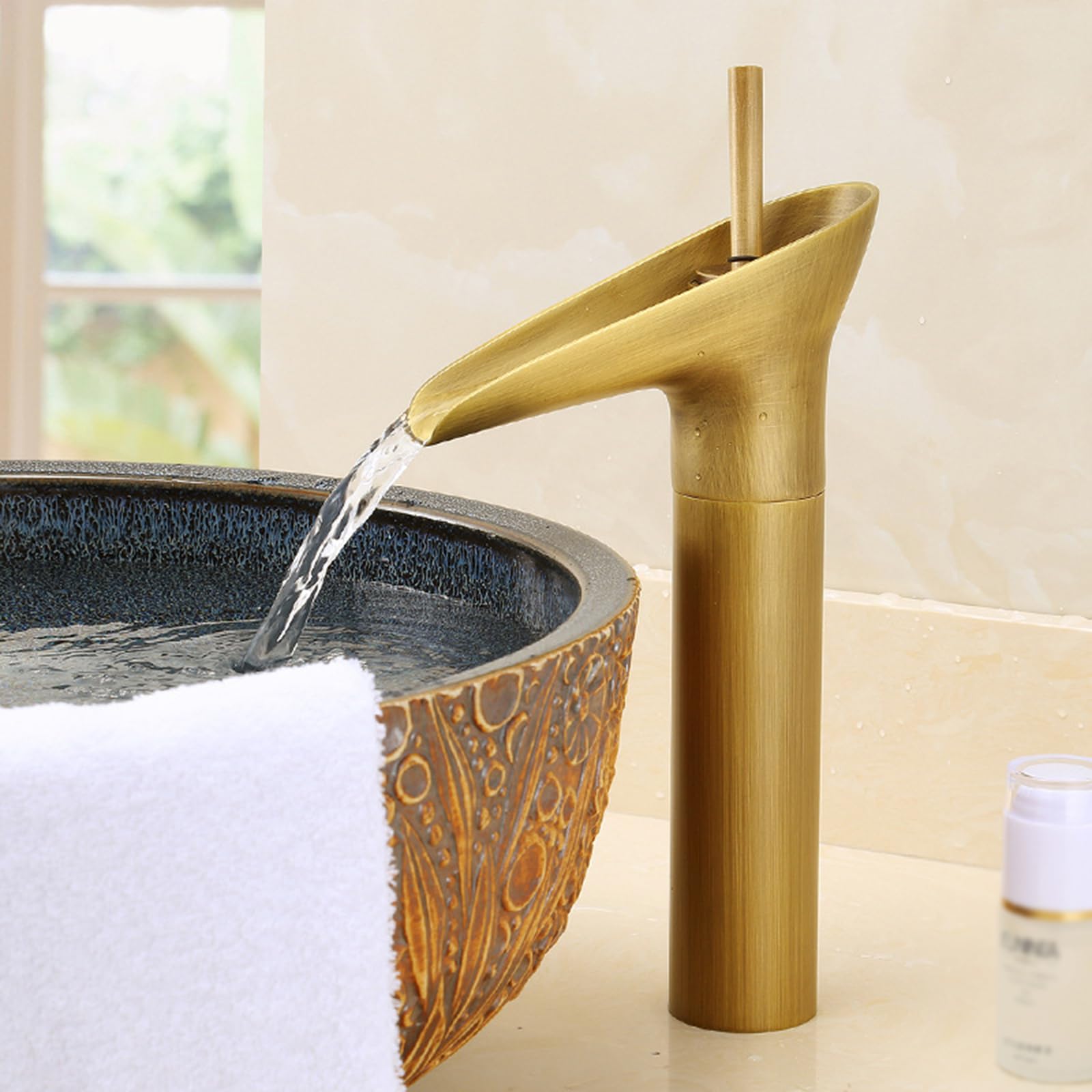 Rubinetto per lavabo Vintage da Bagno, monoforo, Miscelatore per lavabo Alto, Rubinetto a Cascata in Ottone con Maniglia Singola, Antico