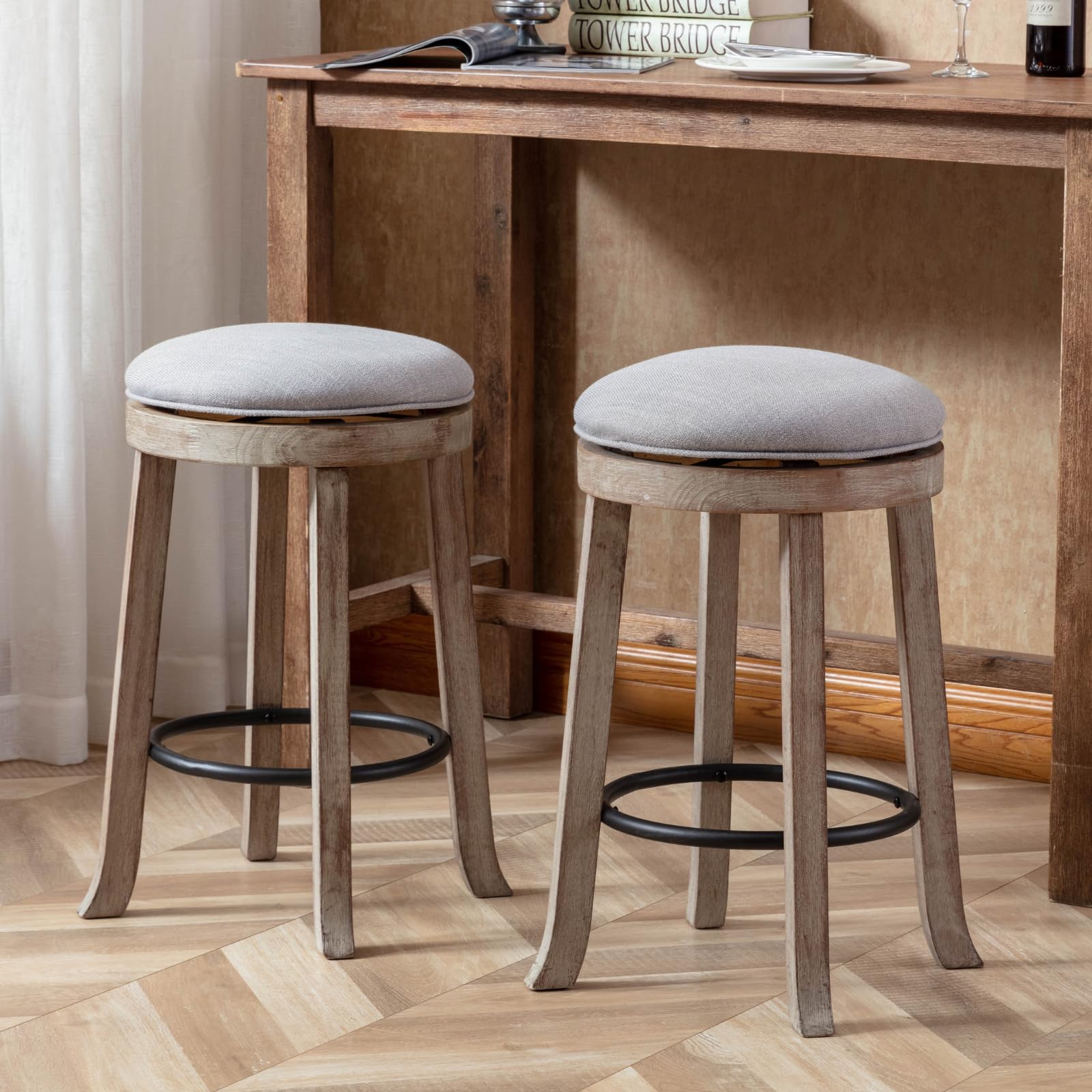HEAH-YO 360°Swivel Bar Stools Set of 2,25.6" Counter Height?Bar Stools with Solid Wood Legs and Linen Seat,Modern Bar Stools for Kitchen Island Farmhouse Pub Restaurant with Round Footrest,Grey