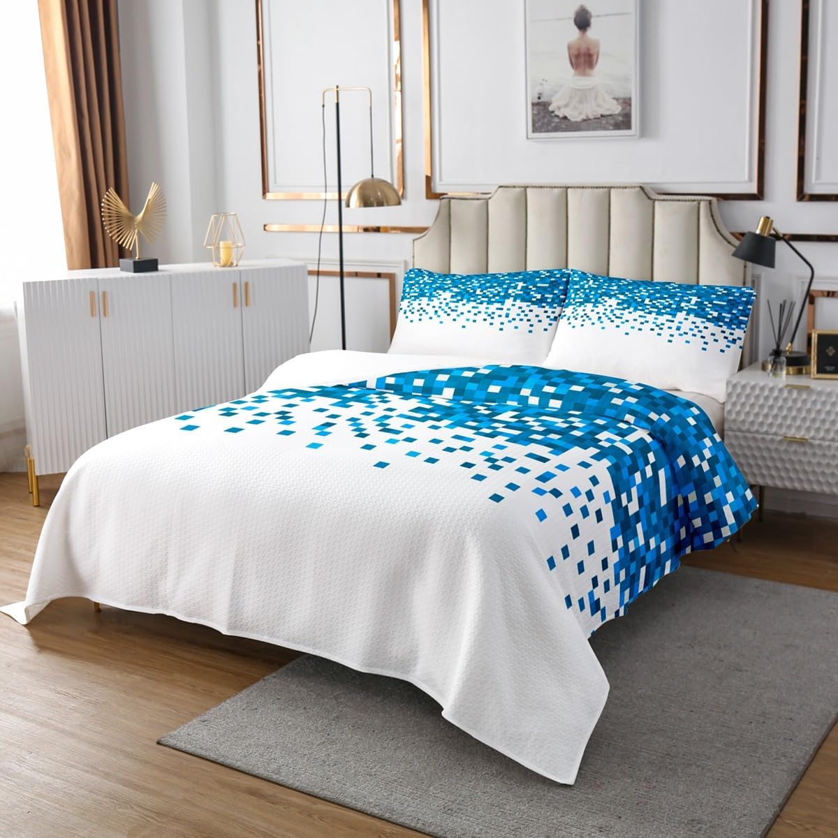 Castle Fairy Blue Pixel Block Bedspread Twin Size,Miners Video Games Bedding Sets 2Pcs for Kids Girls Boys Room Decor,Geometric Plaid Comforter Set Modern Cool Quilt Coverlet,1 Pillowcase
