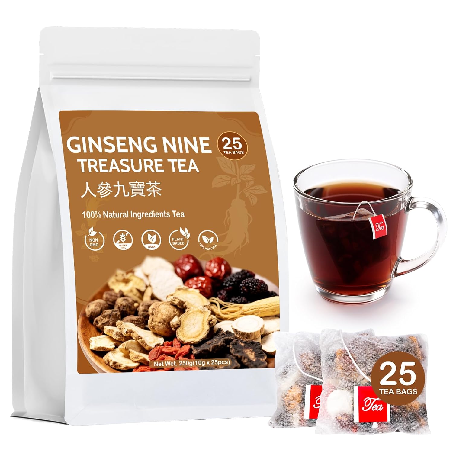 Ginseng Five Treasures Kidney Tea, Traditional Chinese Herbal TeaBags, Natural Kidney Cleanse Detox Tea for Women & Men, 7 Precious Ingredients Formula (3 Pack/75 Bags)