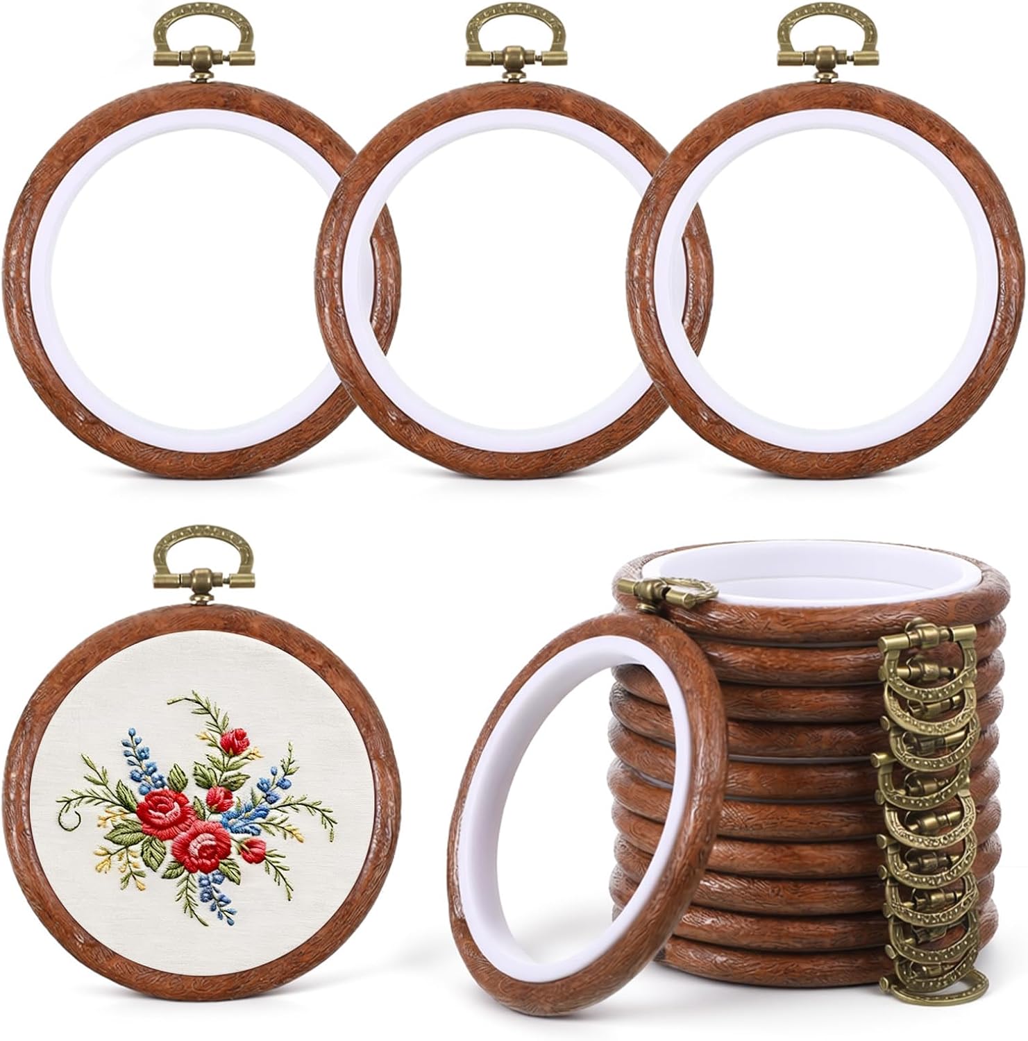 AOZUO 15 Pcs 4 Inch Embroidery Hoops Set, Round Imitated Wood Cross Stitch Hoop Rings Circle Display Frame Kits for Art Craft Sewing Embroidery Handy DIY Ornaments Christmas Decoration