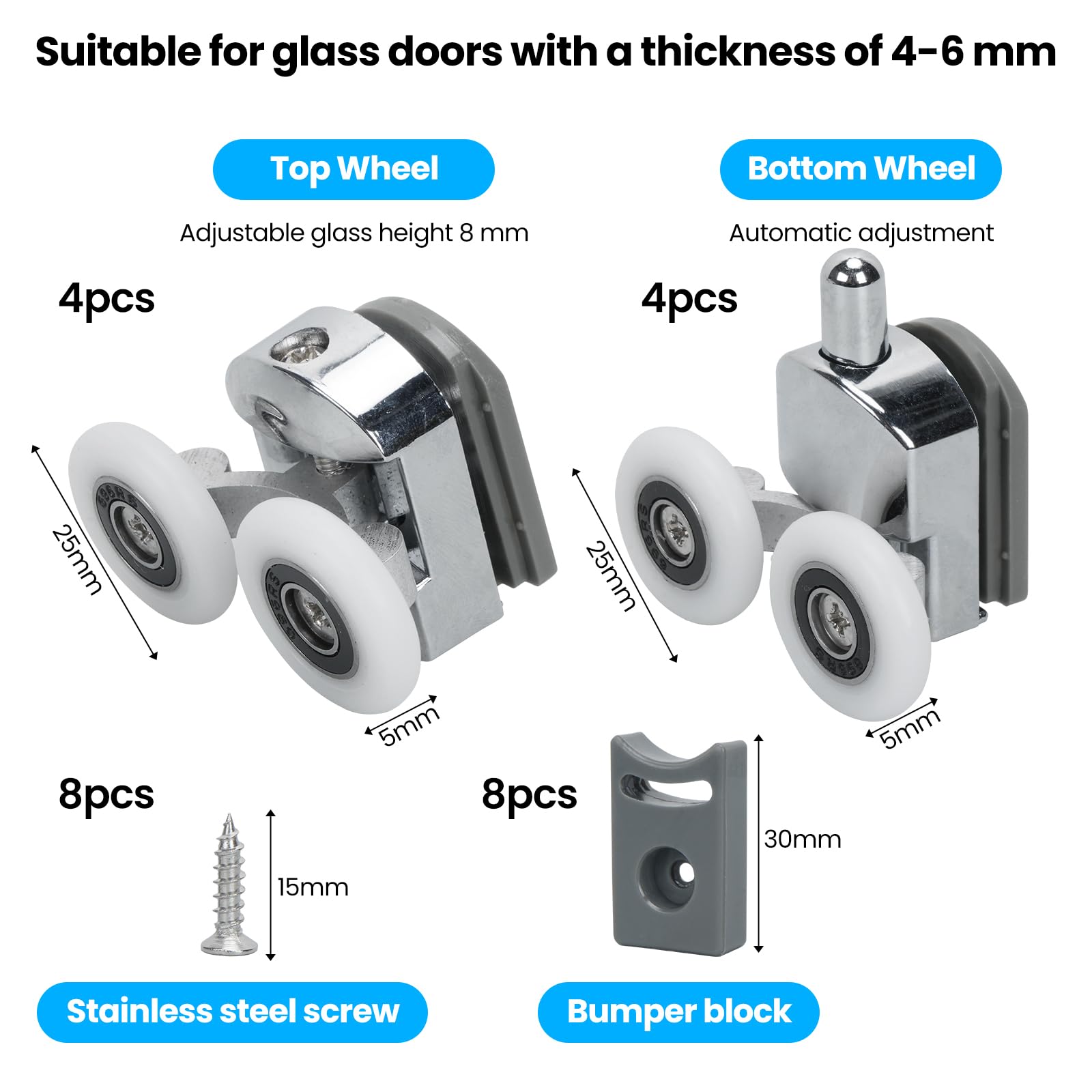 Zythrem 8Pcs Shower Door Rollers for Curved Door 25mm Replacement Shower Door Wheels Chrome Shower Runners with Anti-Collision Block and Screws Shower Roller Wheels for Curved Glass Doors 4-6mm Glass - Image 2