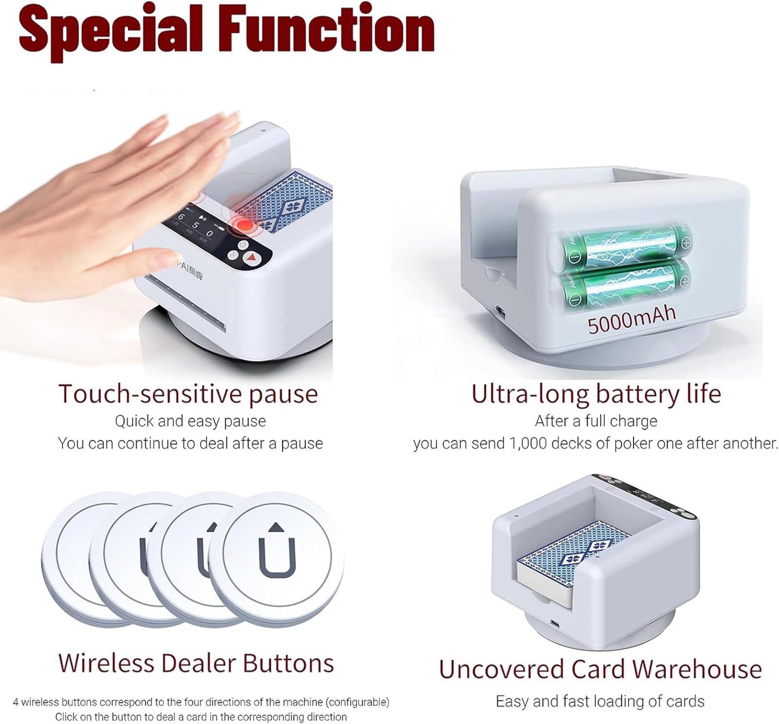 Automatic Card Dealing Machine, 360° Rotating Card Dealer with 4 Dealer Buttons, 5000mAH Large Battery, Touch Sensor, Up to 8 Players, for UNO, Blackjack, Texas Hold'em, Family Fun, Gathering