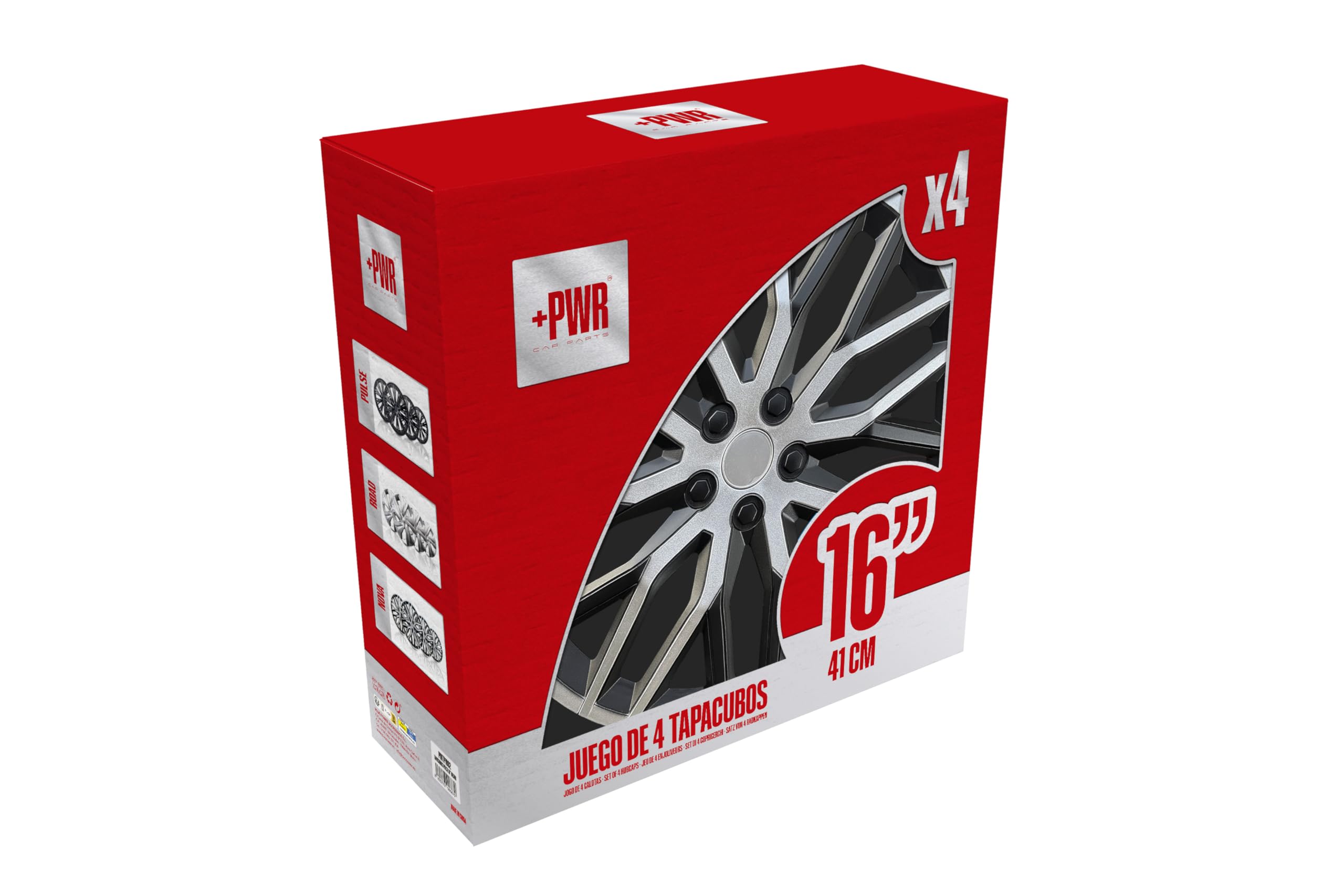 Copricerchi 16" Nova Nero/Argento, Set di 4 unità, Universali, ABS ad alto impatto, Fissaggio a pressione, Design moderno e ventilazione ottimizzata