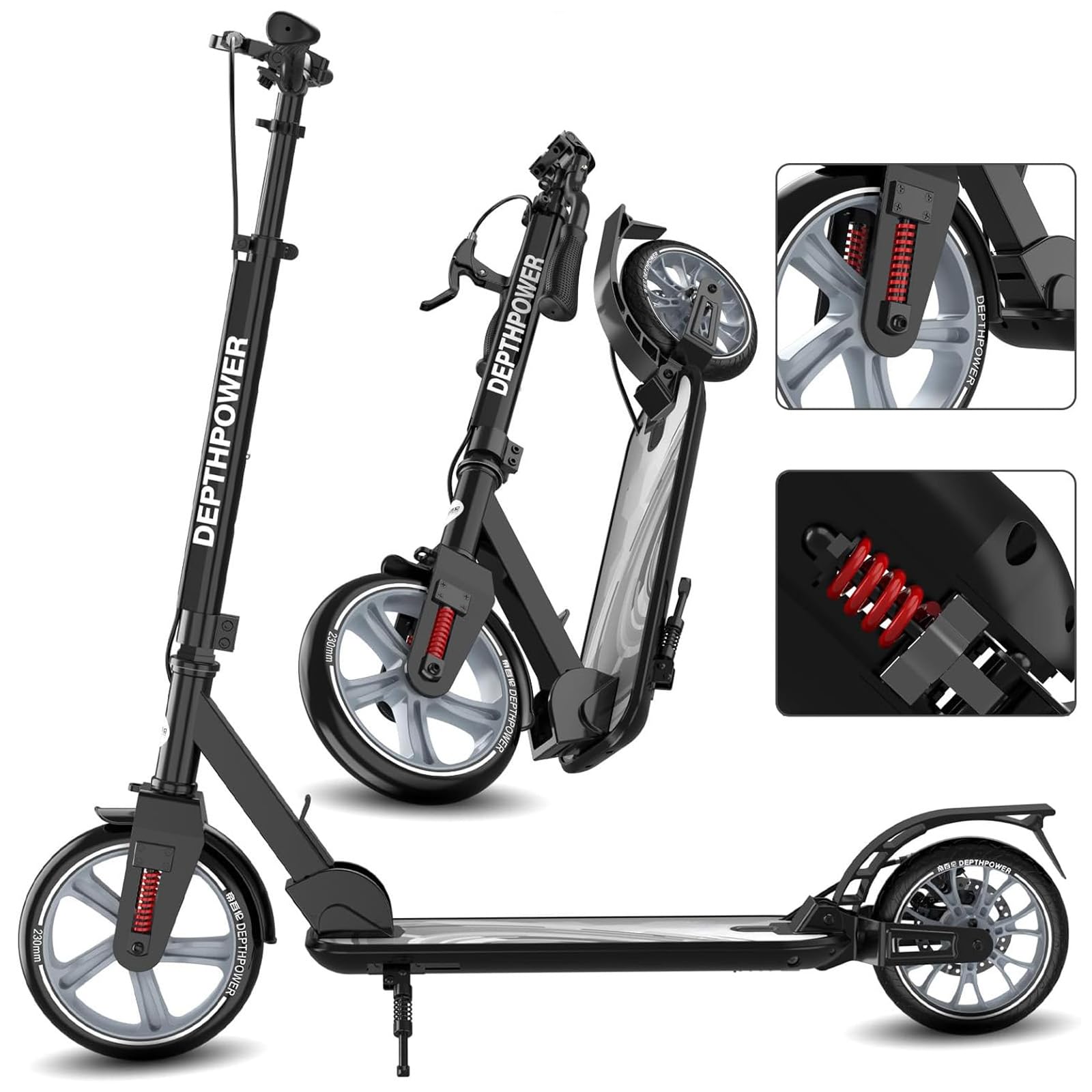 Big Wheels Monopattino per bambini dai 6 anni in su, adolescenti e adulti, carico massimo 136 kg, pieghevole, scooter per adulti con freno a mano e assorbimento degli urti, manubrio regolabile,