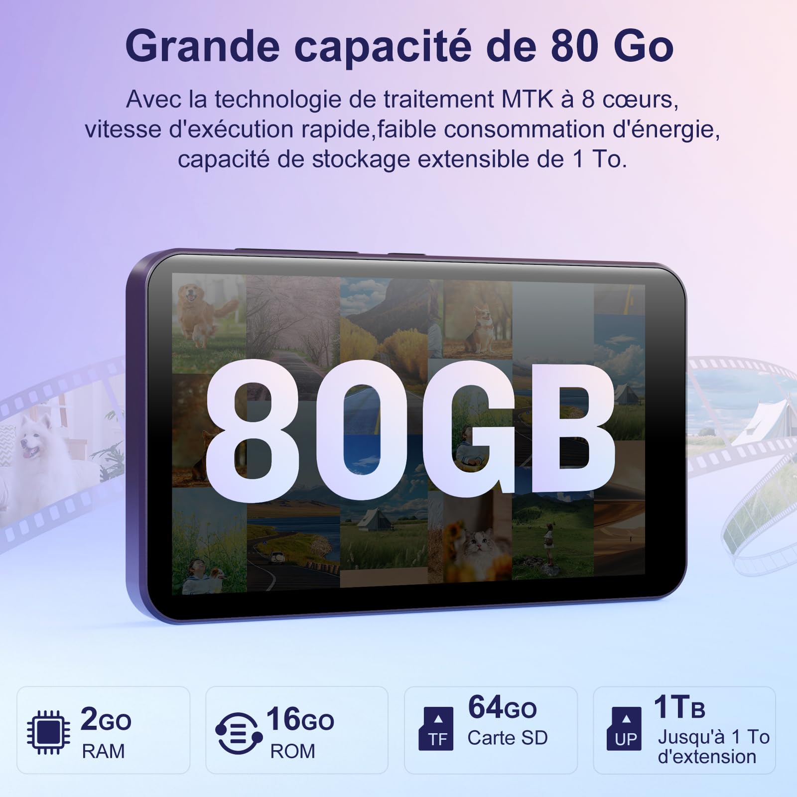 Lecteur MP3 80 Go Bluetooth WiFi 2000 mAh écran Tactile 4" Android Spotify Amazon Music Play Store